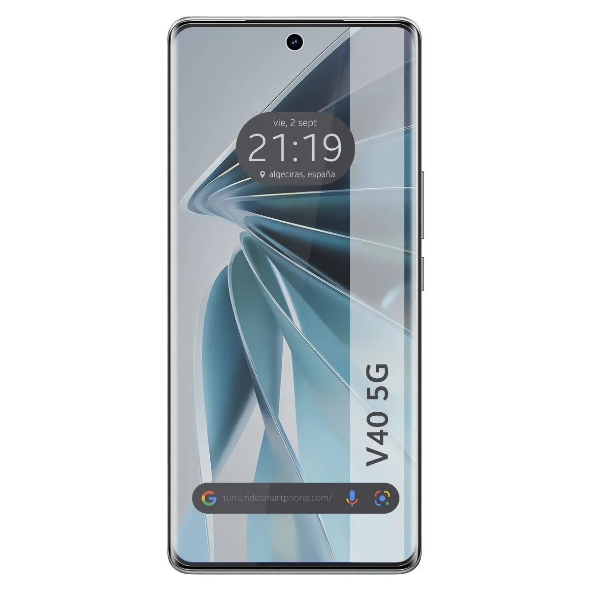 Smartphone con schermo grande che mostra ora e data, con sfondo blu e bianco.