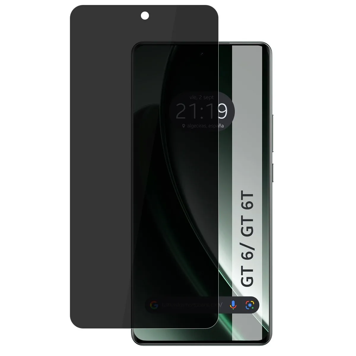 Due schermi di smartphone, uno grigio scuro, l'altro mostra un display orario.