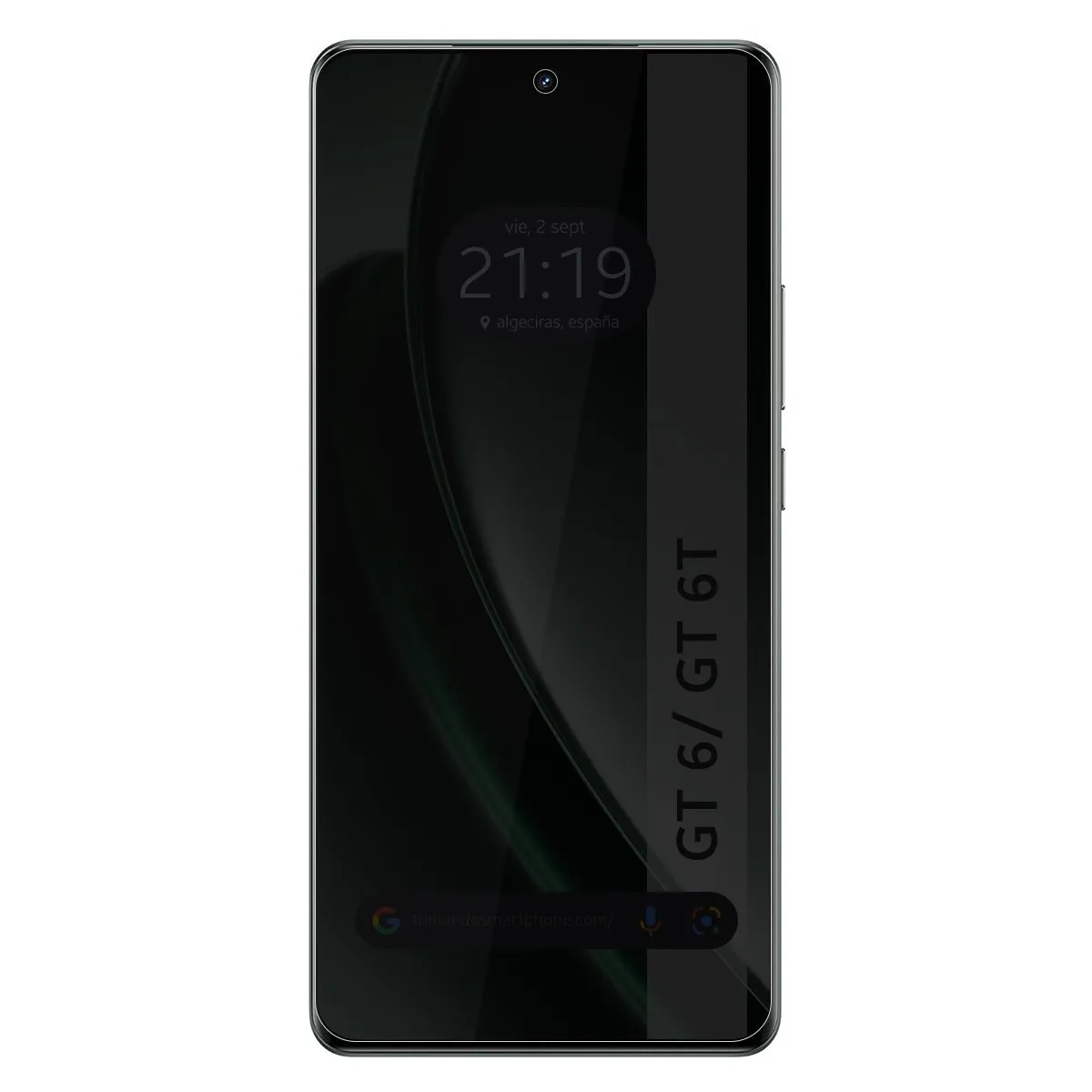 Uno schermo di smartphone che mostra data, ora e il nome 'GT 6'.
