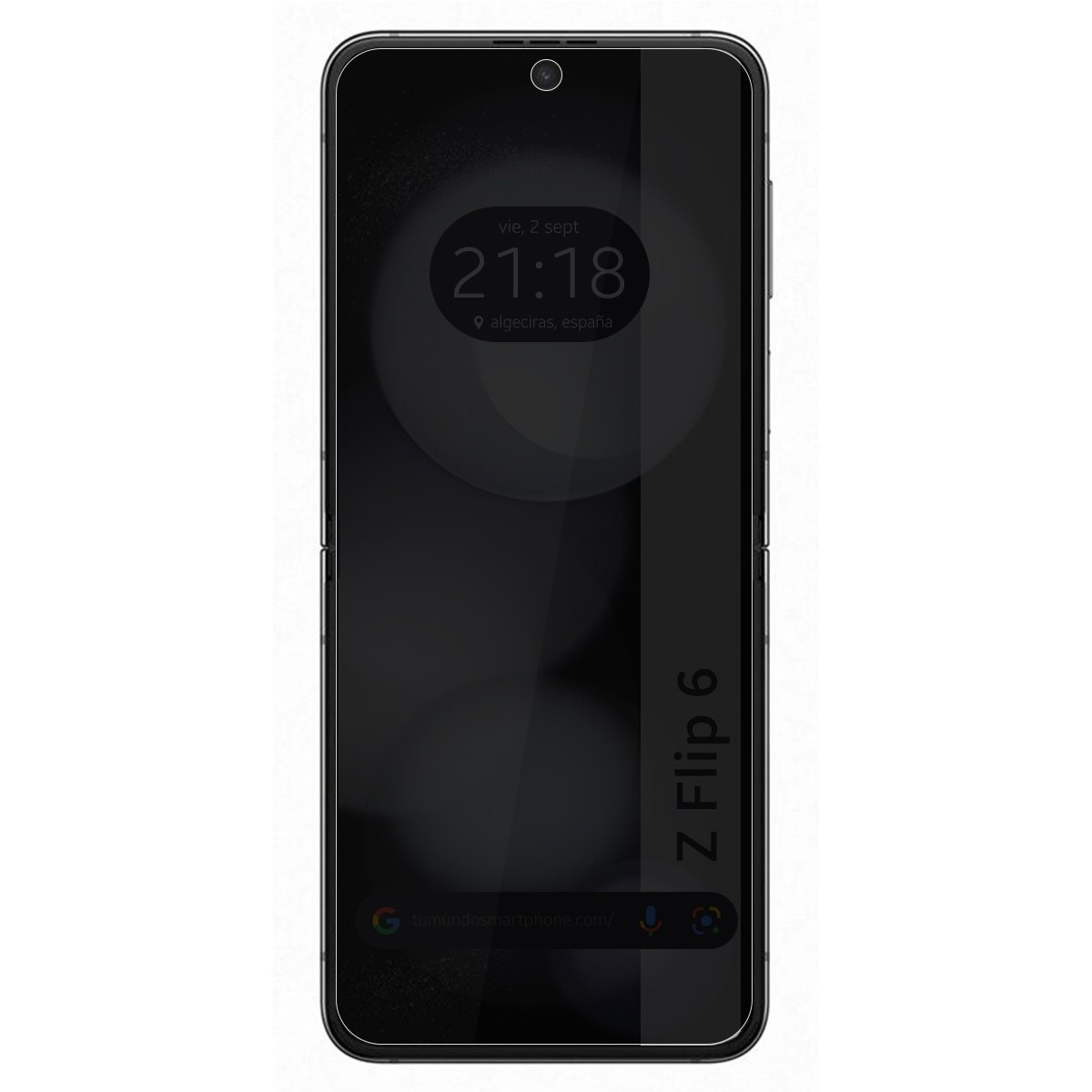 Telefono pieghevole con schermo nero, logo Z Flip 6 e ora.