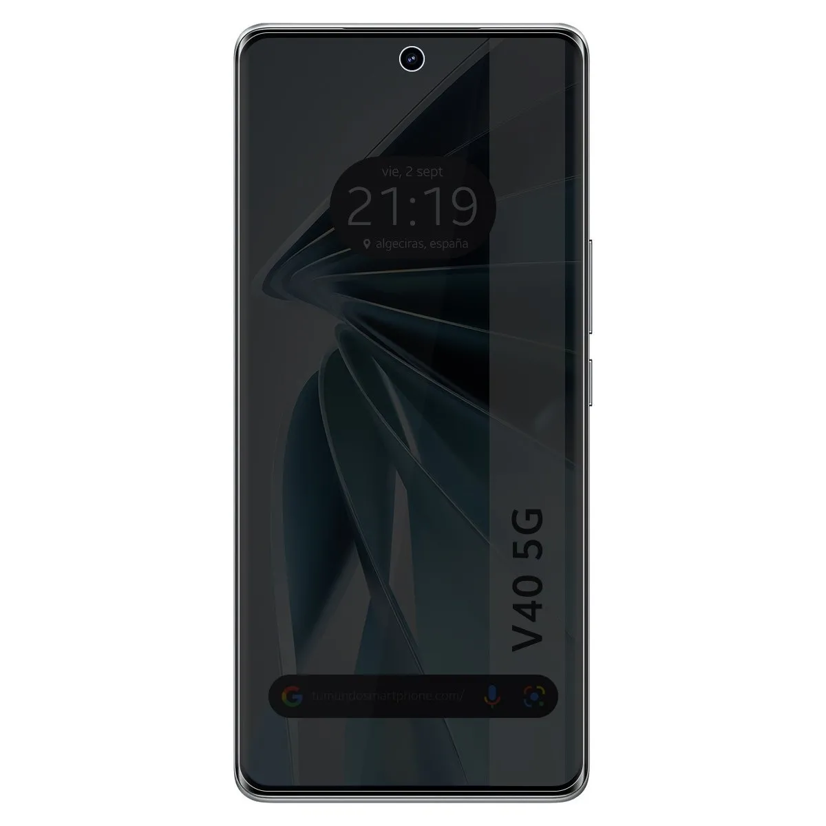 Uno smartphone con schermo nero che mostra ora e data. Il telefono ha il logo V40 5G.