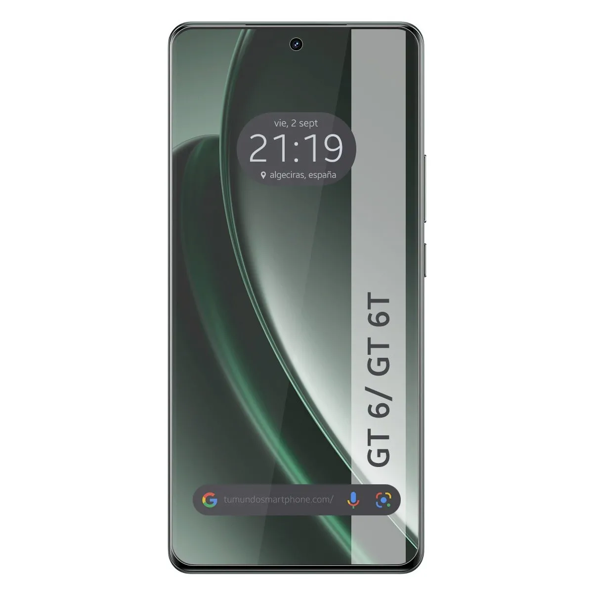 Schermo di uno smartphone che mostra ora e posizione, con barra grigia e testo GT 6/ GT 6T.