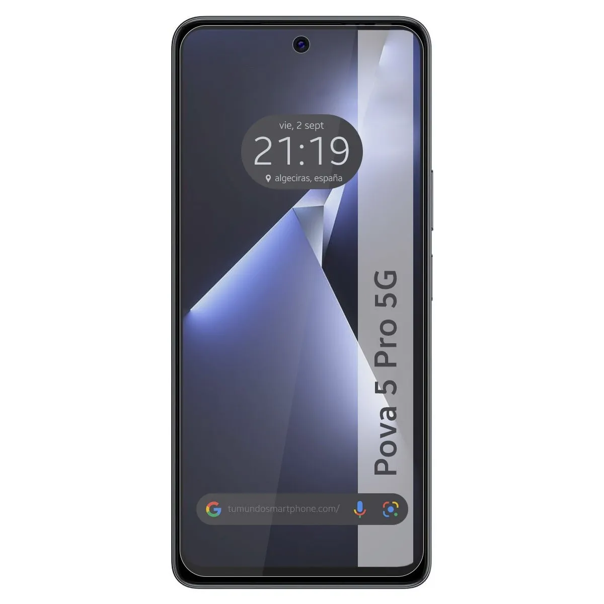 Un smartphone mostrando la fecha y hora, con fondo degradado y el nombre del modelo del teléfono.