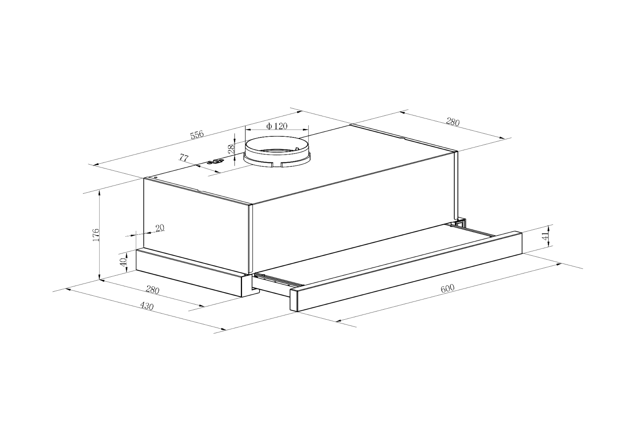 Line drawing showing dimensions of a rectangular box with a circular top.