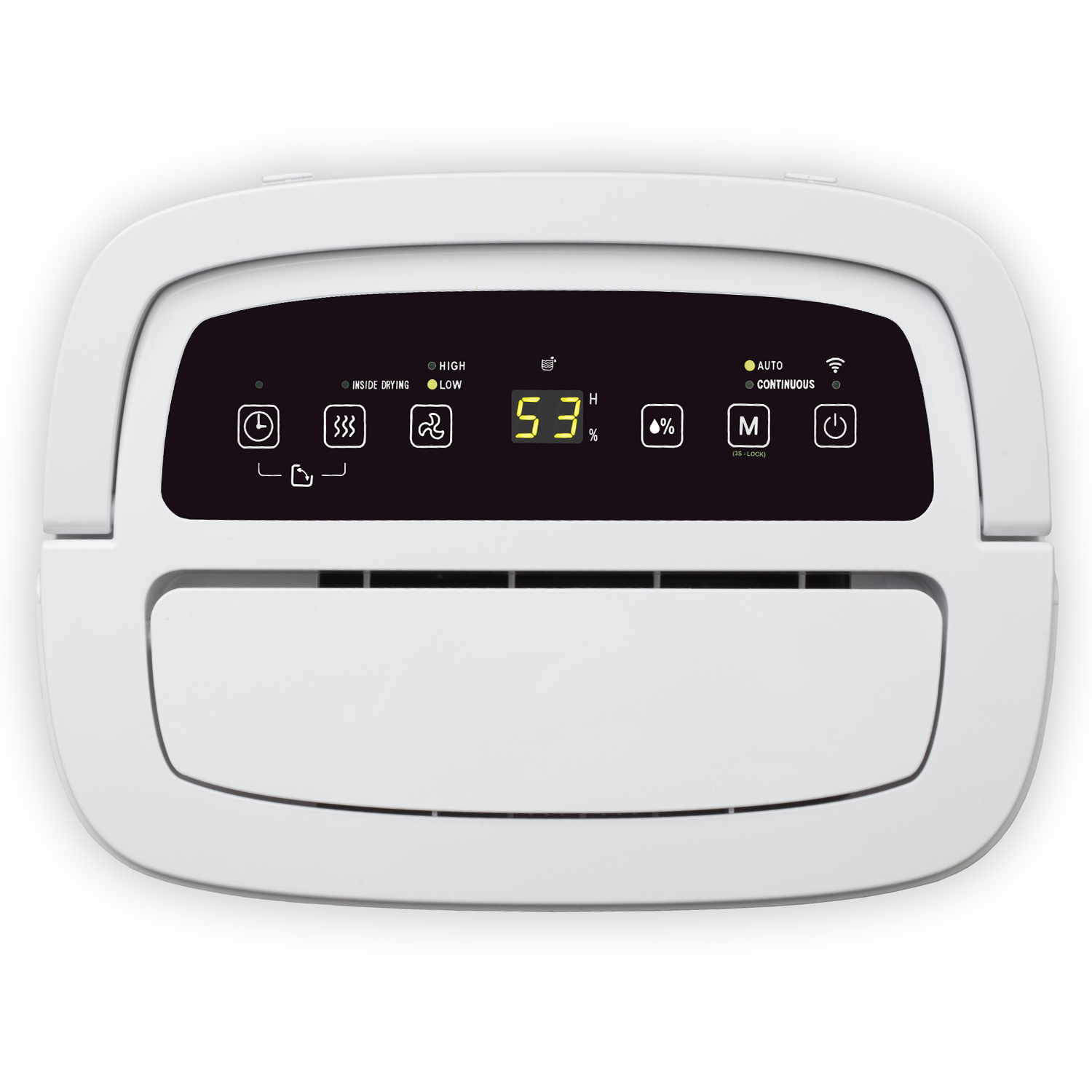 Deshumidificador blanco con una pantalla digital que muestra el nivel de humedad.