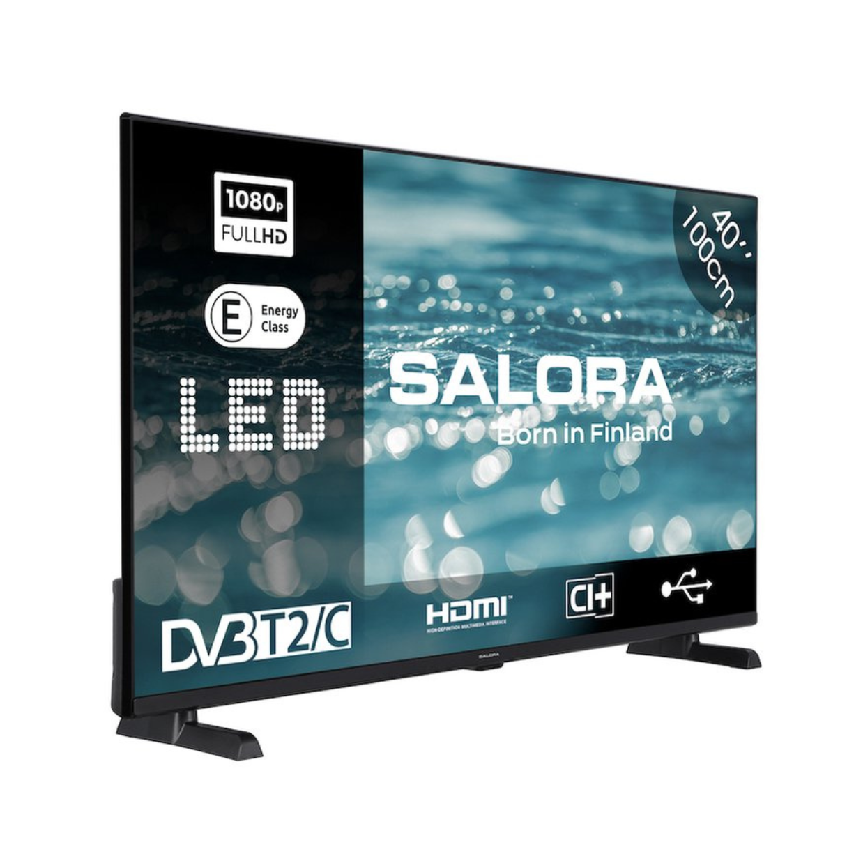 40" Salora TV op een zwarte standaard, water tonen met tekst.