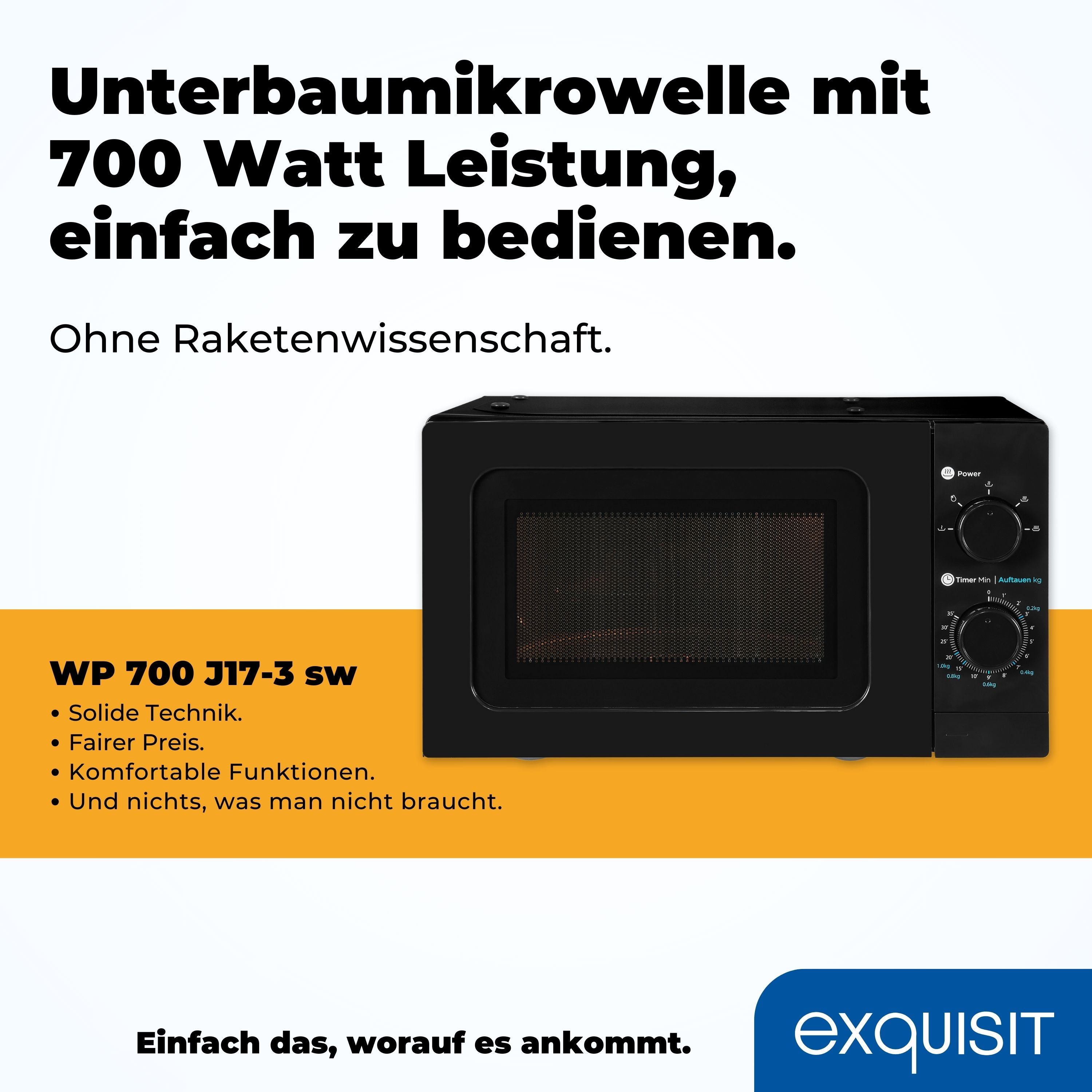 Eine schwarze Mikrowelle mit Text, der ihre Funktionen erklärt.