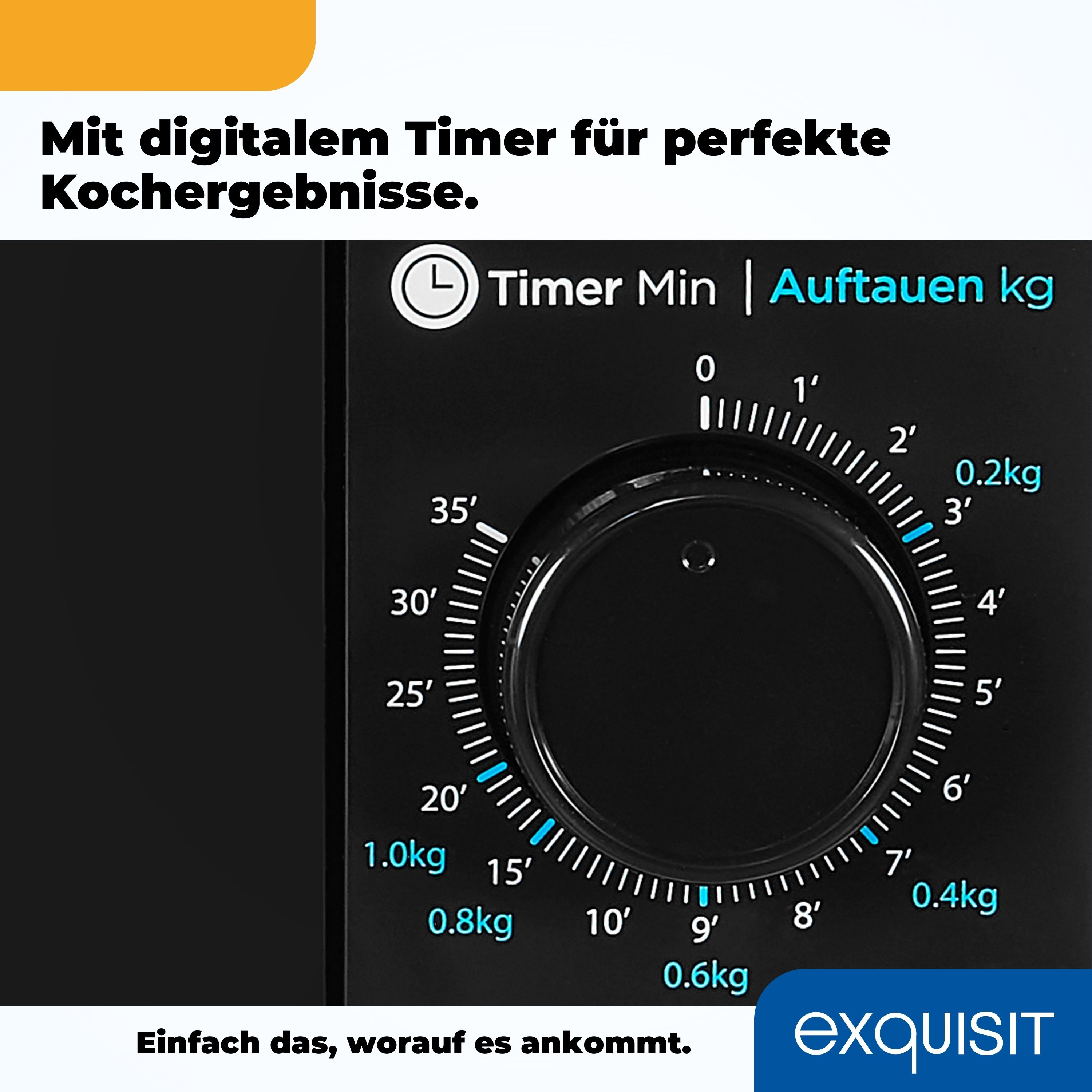 Schwarzes Mikrowellen-Bedienfeld. Timer-Knopf und Text auf Deutsch.
