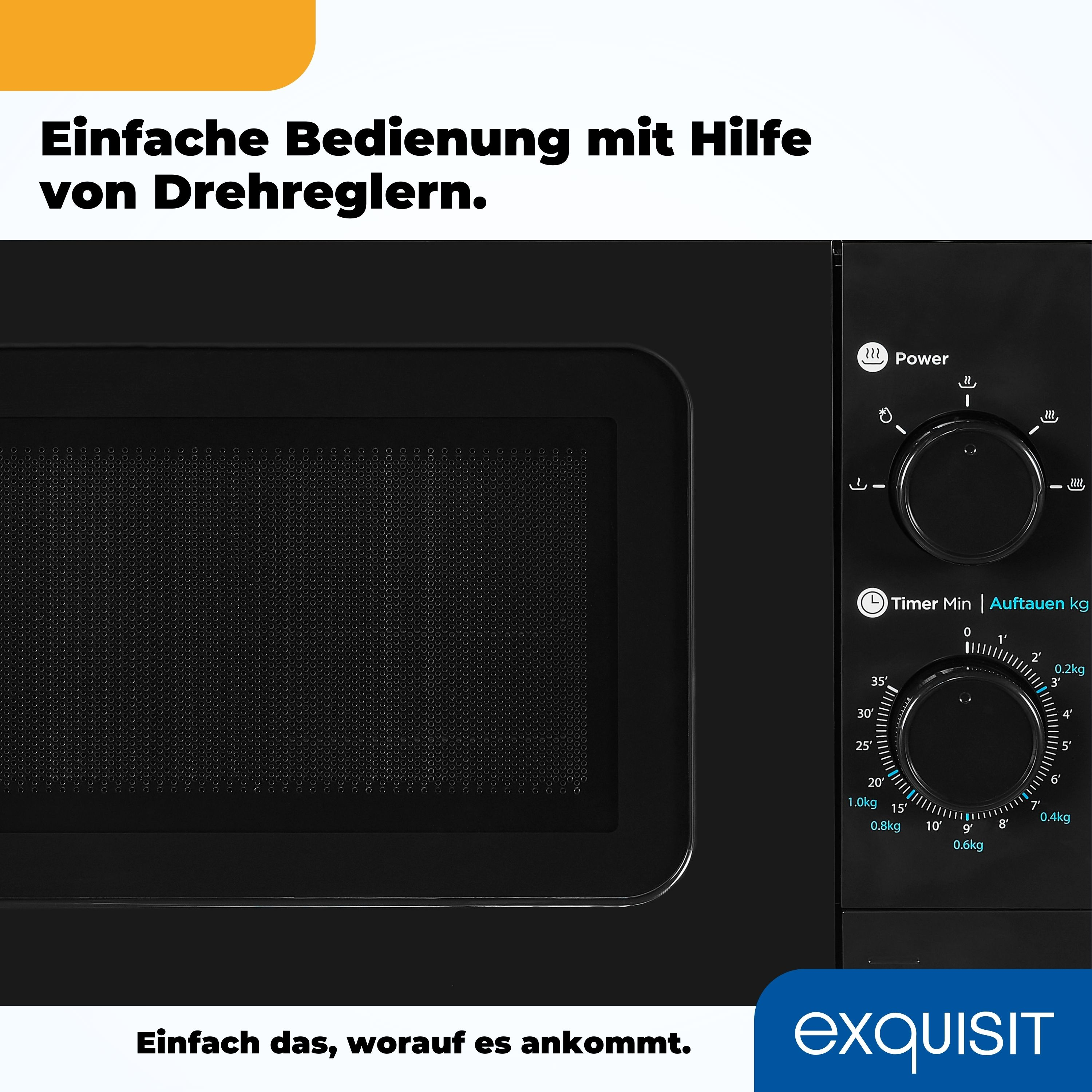 Schwarze Mikrowelle. Bedienfeld mit Drehreglern und Knöpfen. Exquisit-Logo unten.