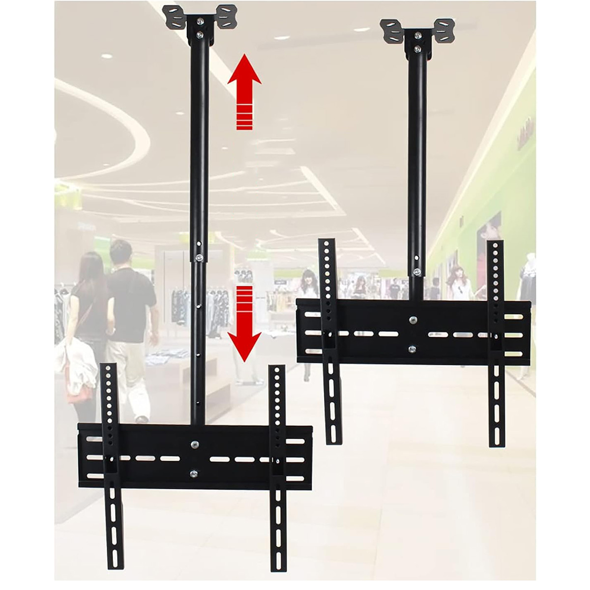 Dos soportes de techo para TV negros con flechas que muestran las direcciones arriba y abajo. En un centro comercial.