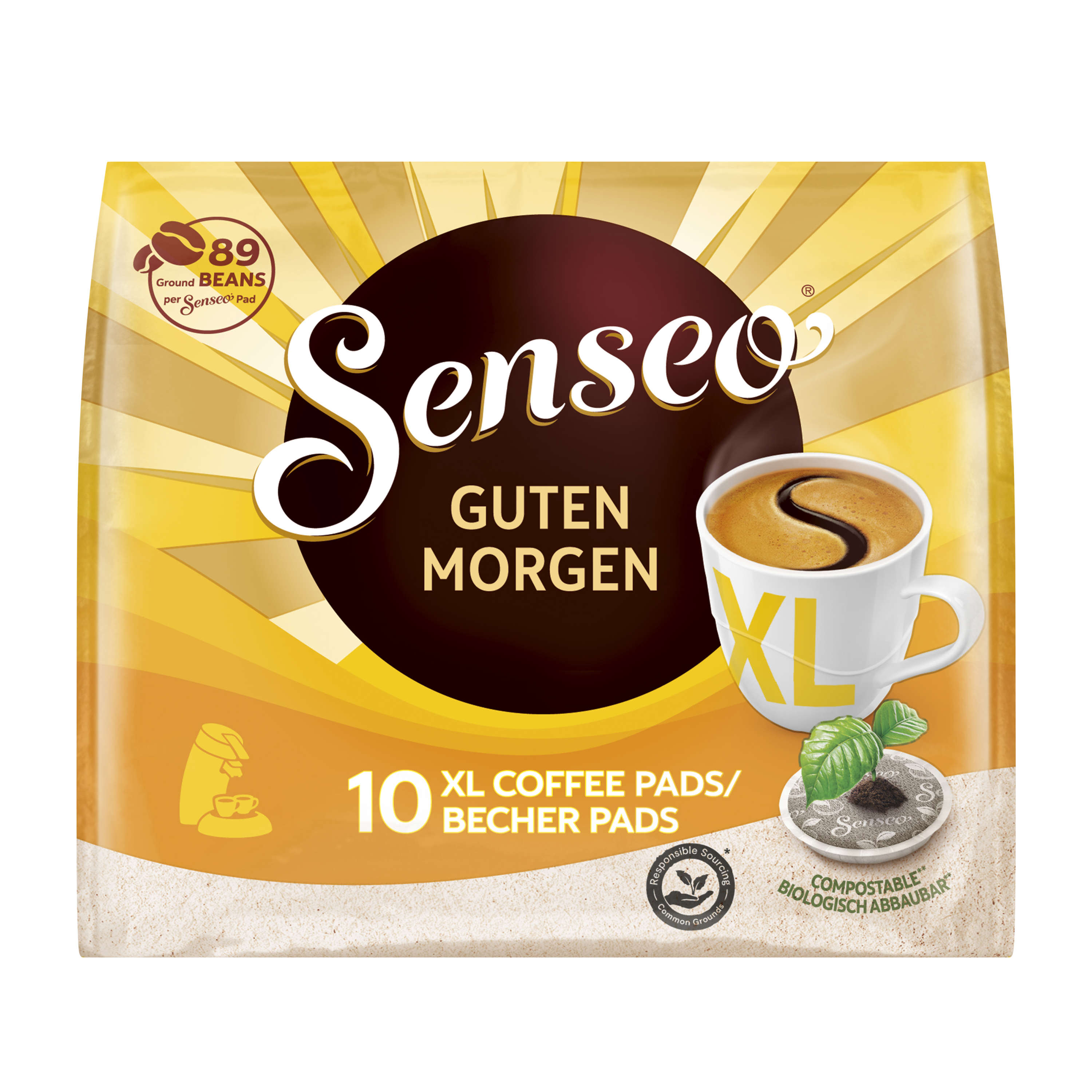 Senseo Kaffeepad-Verpackung. Enthält Kaffeepads und eine Kaffeetassen-Illustration. Gelber Hintergrund.