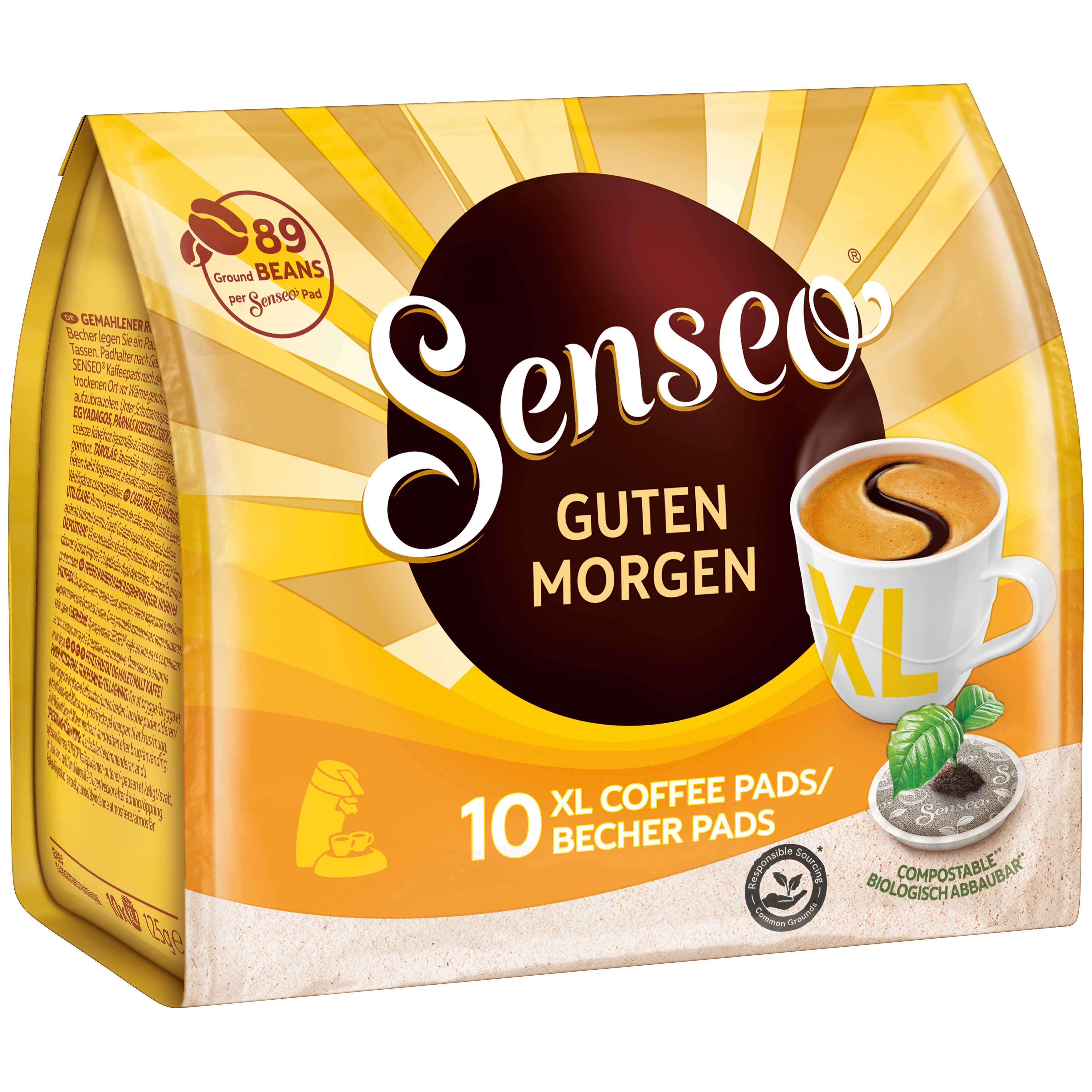 Eine Packung Kaffeepads mit einer Kaffeetassen-Illustration.