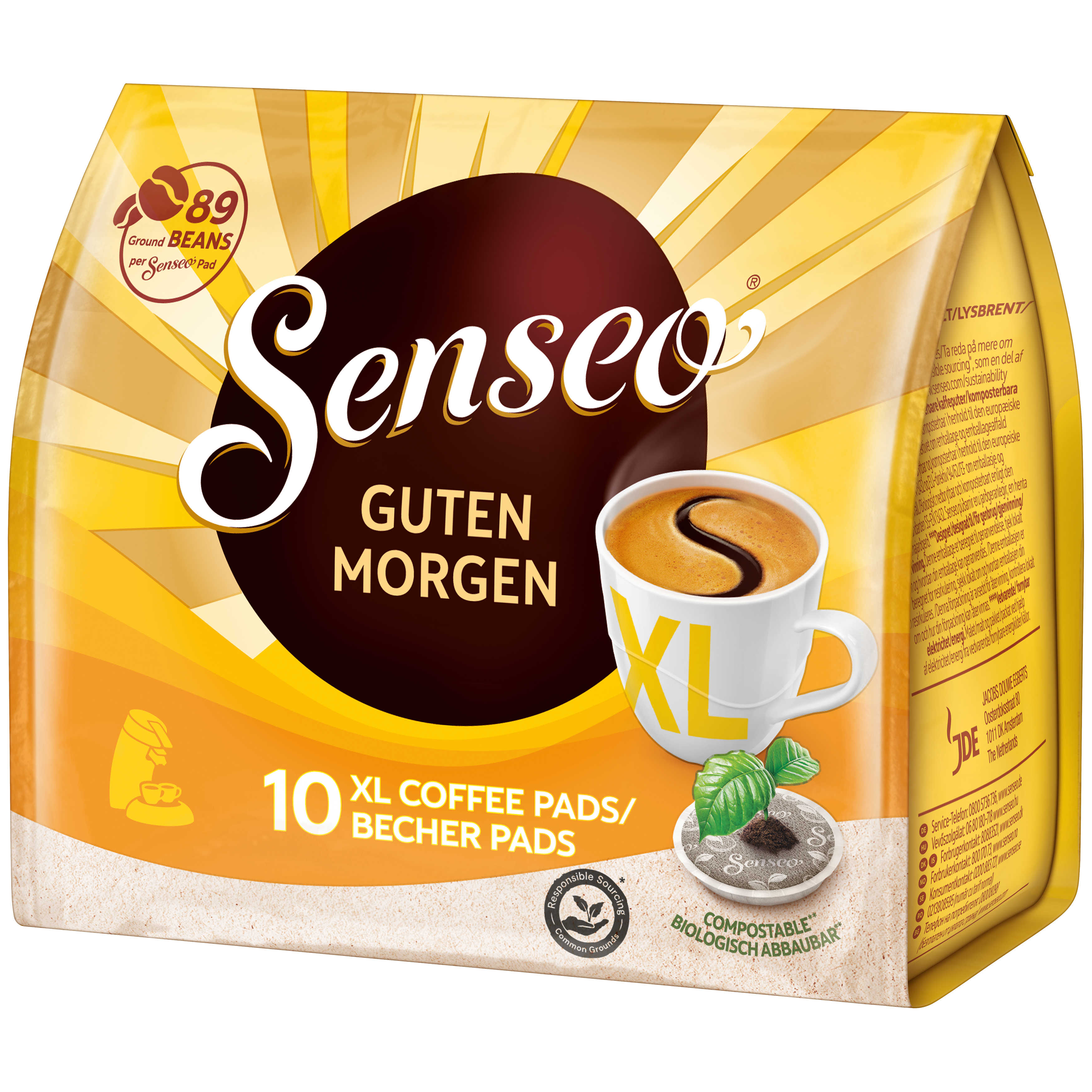 Kaffeepad-Verpackung mit Tassenbild, Text 'Guten Morgen' und Kaffeepad-Details.
