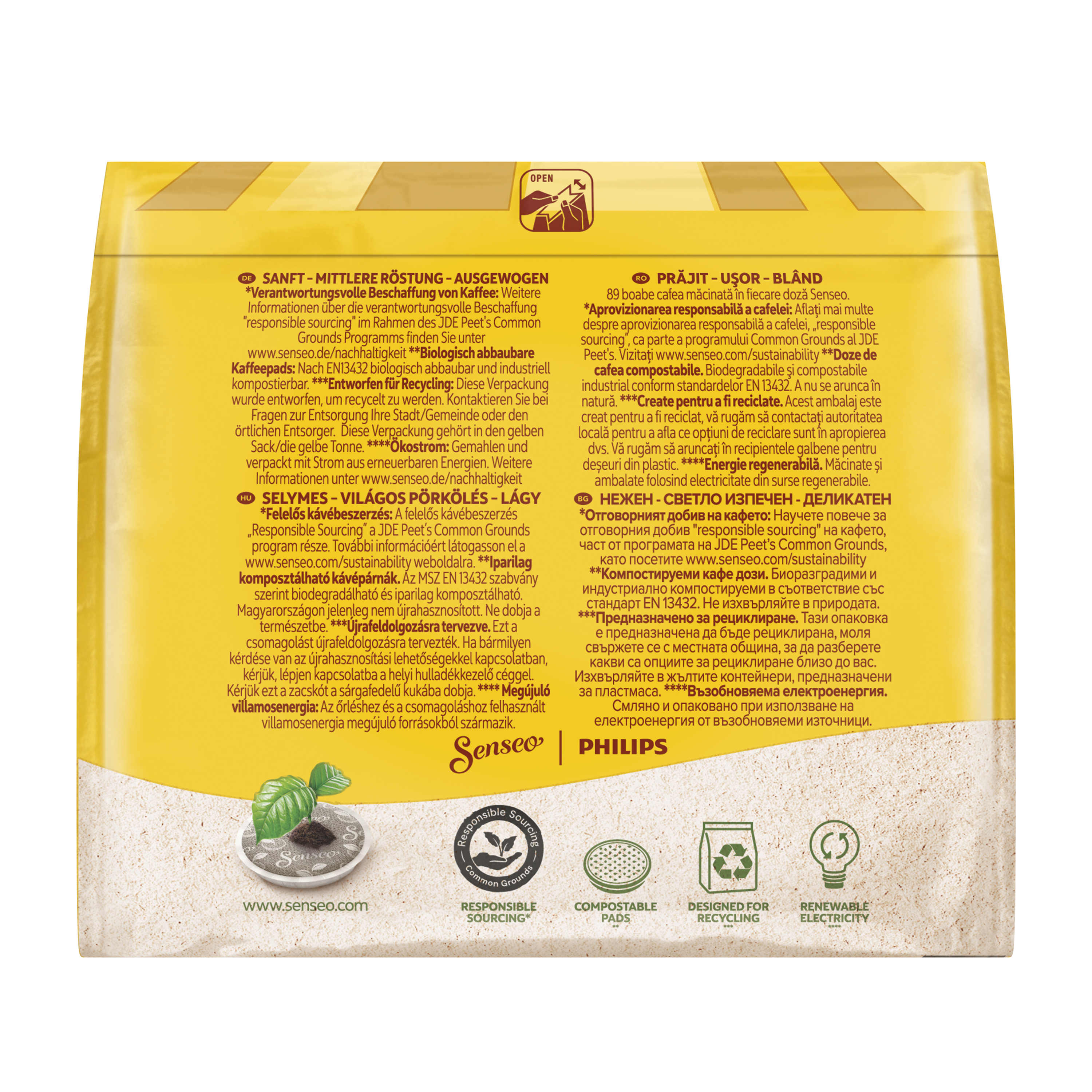 Kaffeeverpackung mit Text, zeigt die Marke und Logo mit grünem Blatt und Kaffeebohnen.