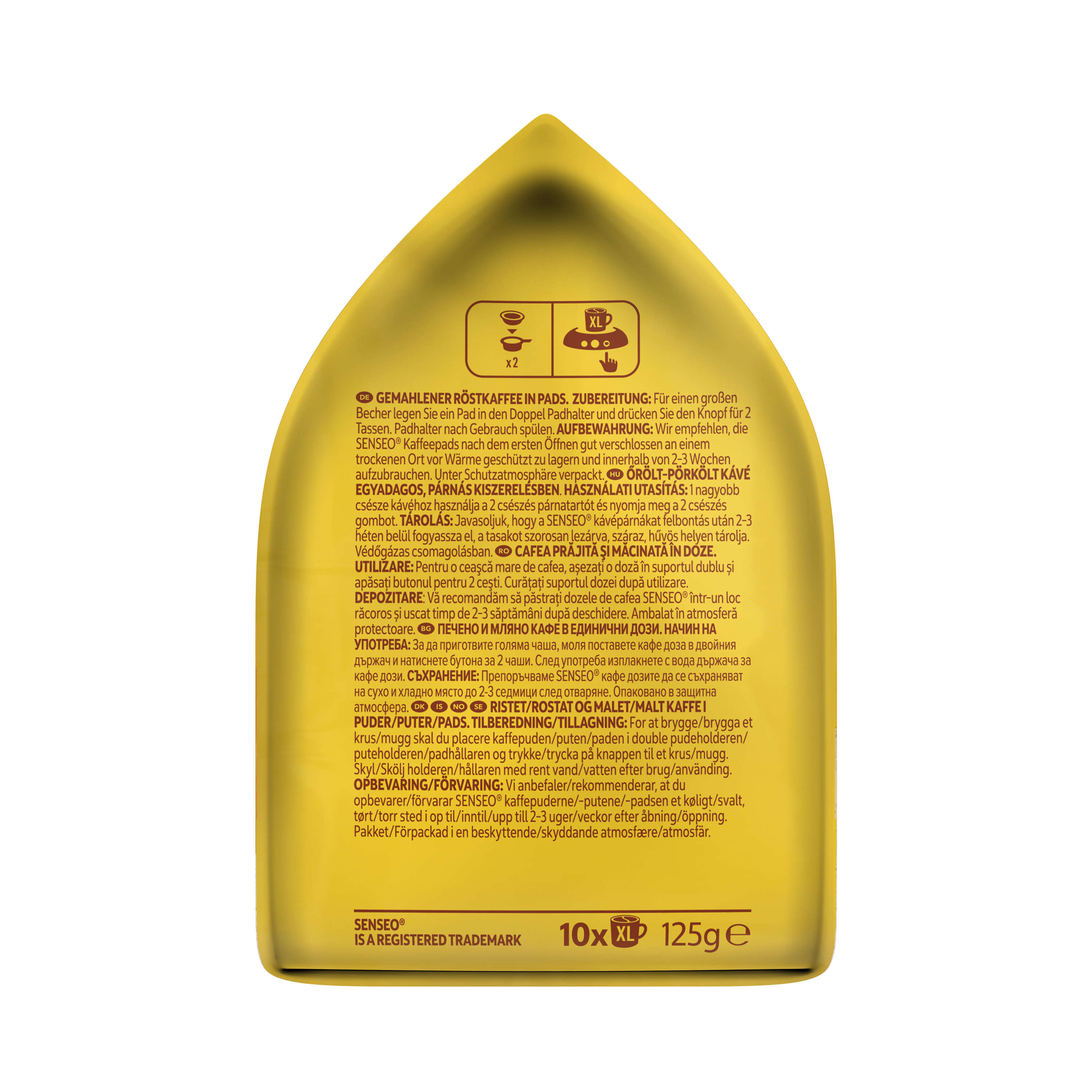 Goldfarbene Kaffeepackung mit Text und Anweisungen in mehreren Sprachen.