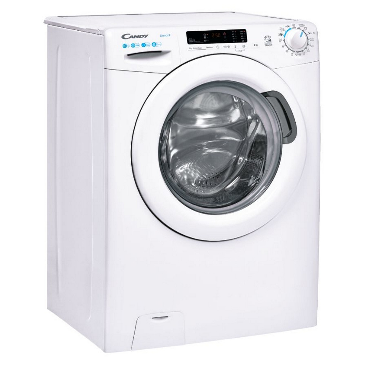 Lavatrice bianca, vista frontale. Porta circolare con finiture metalliche. Comandi in alto. Logo e marchio Candy Smart.