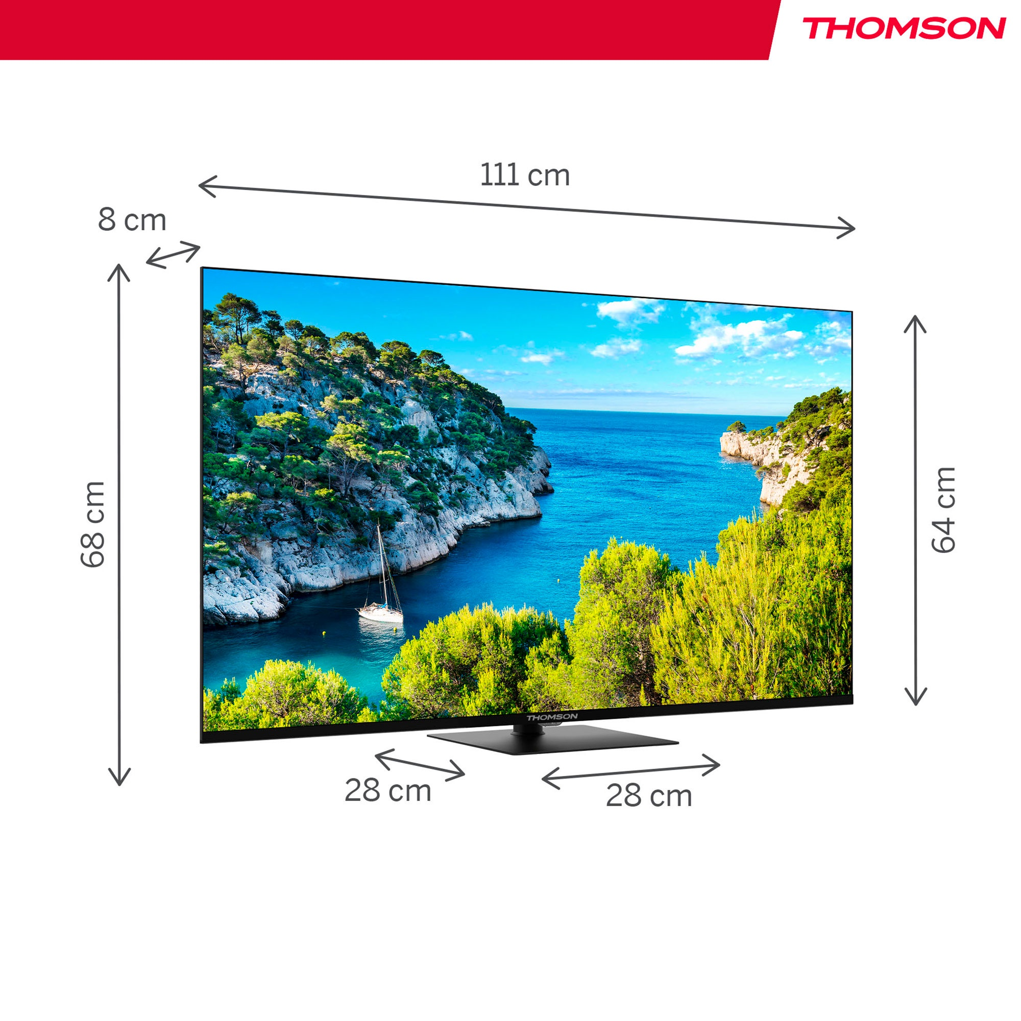 Una TV con dimensioni mostrate, sullo sfondo di una baia con una barca.