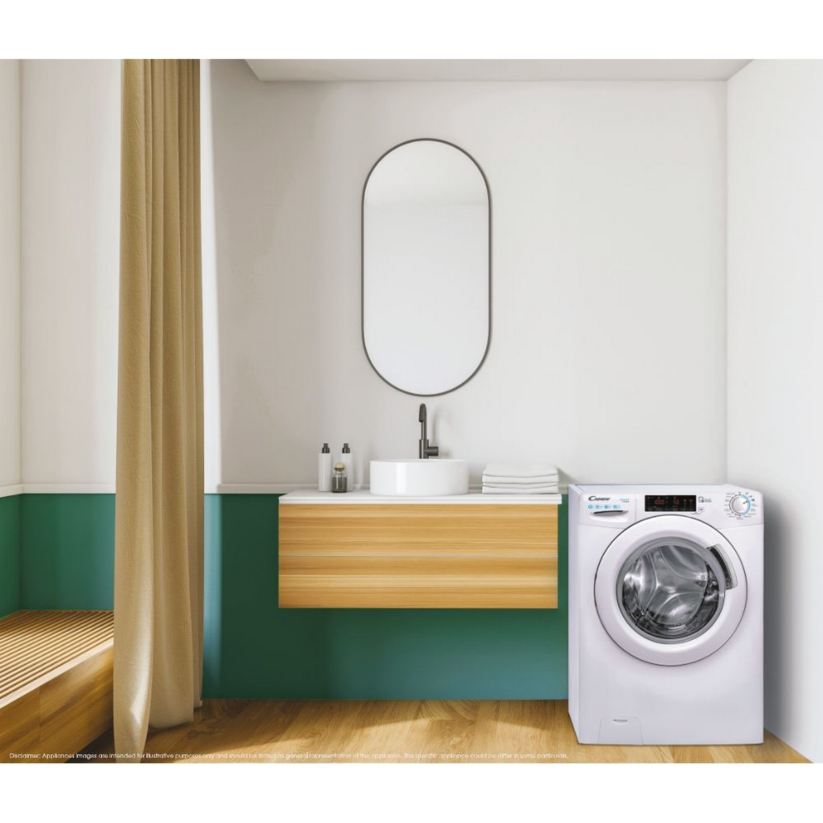 Bagno moderno con lavatrice bianca, mobile in legno, specchio ovale e parete verde.