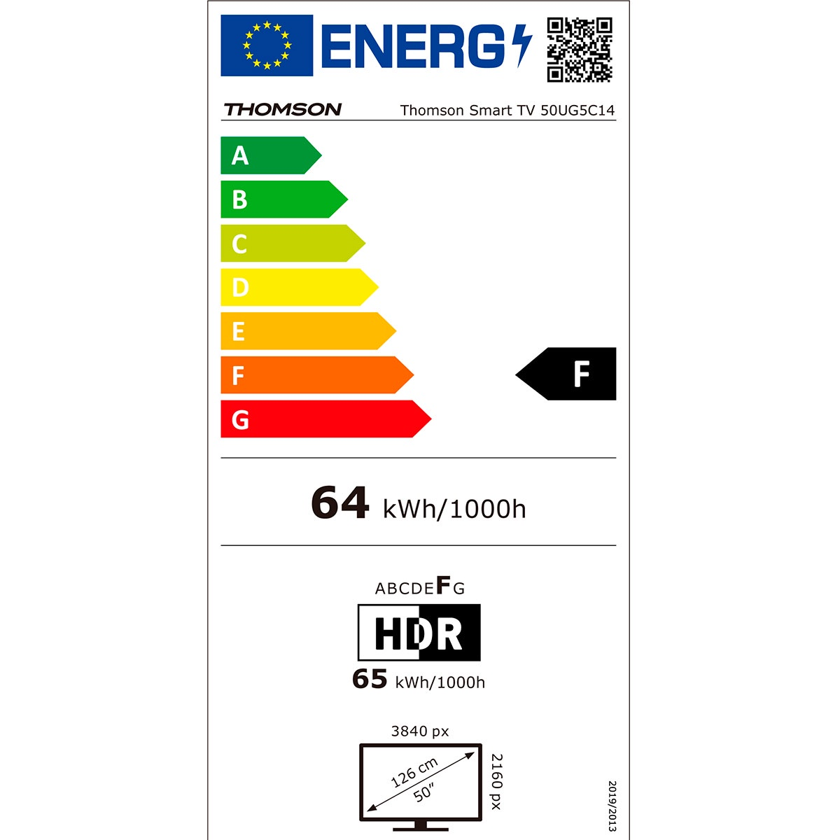 Etichetta energetica TV Thomson Smart con valutazioni da A a G. Visualizza 64 kWh/1000h e HDR.