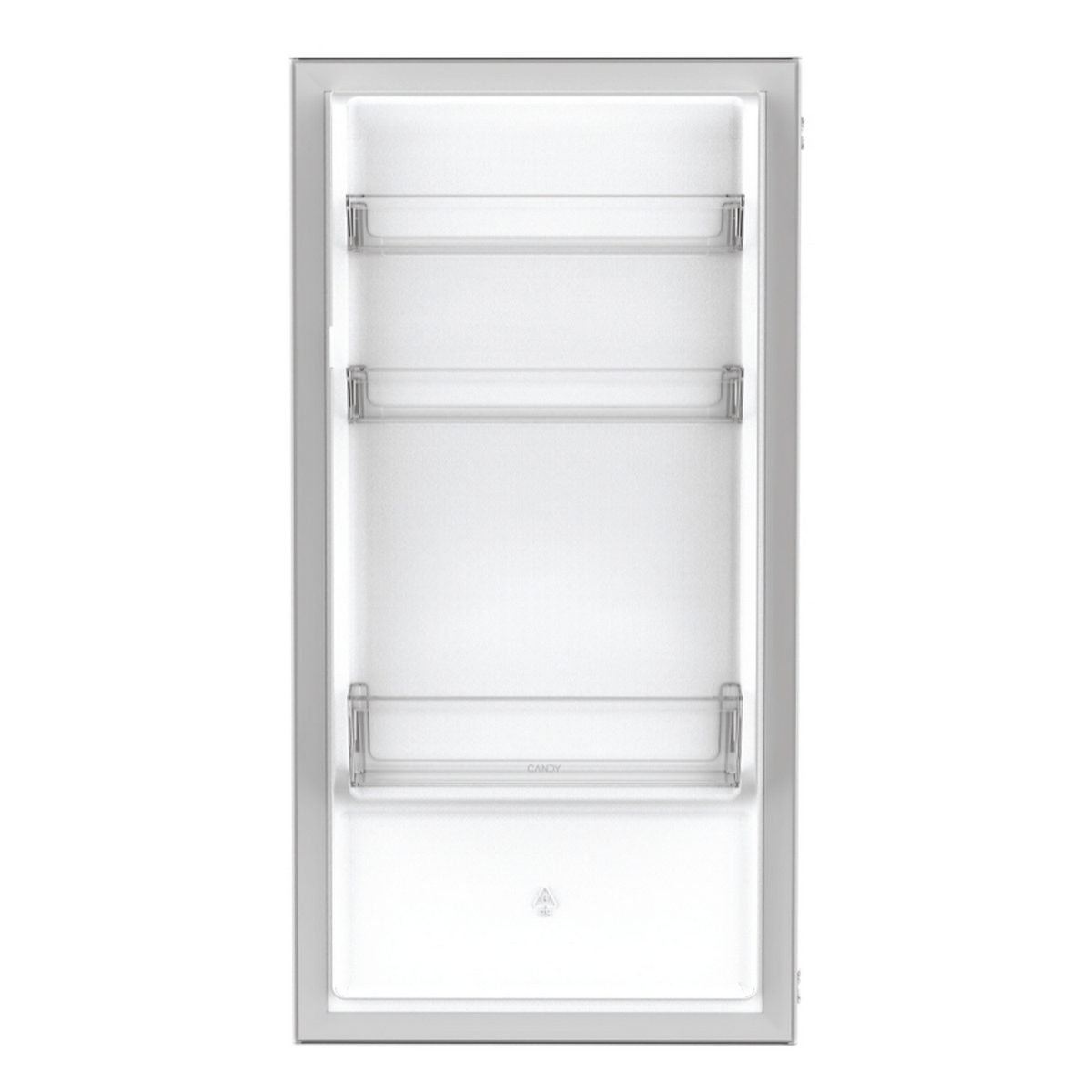 Puste wnętrze drzwi lodówki z półkami i dolną szufladą.