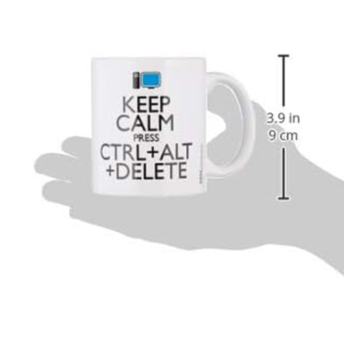 Weiße Tasse mit dem Text "KEEP CALM PRESS CTRL+ALT+DELETE" und einem kleinen Computersymbol.
