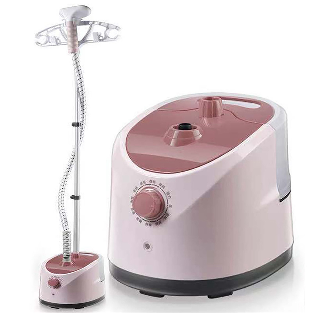 Ein rosa-weißer Kleiderdampfer mit Ständer und separater Einheit.