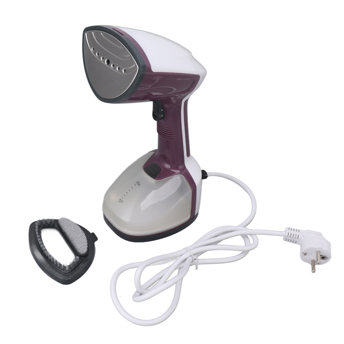 Ein weiß-violetter Kleidungsdampfer mit Kabel und abnehmbarem Bürstenaufsatz.