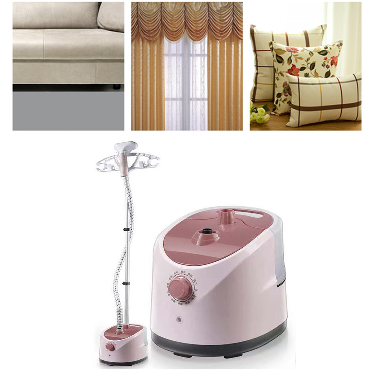 Innenelemente: Sofa, Vorhänge, Kissen und ein Kleiderdampfer.