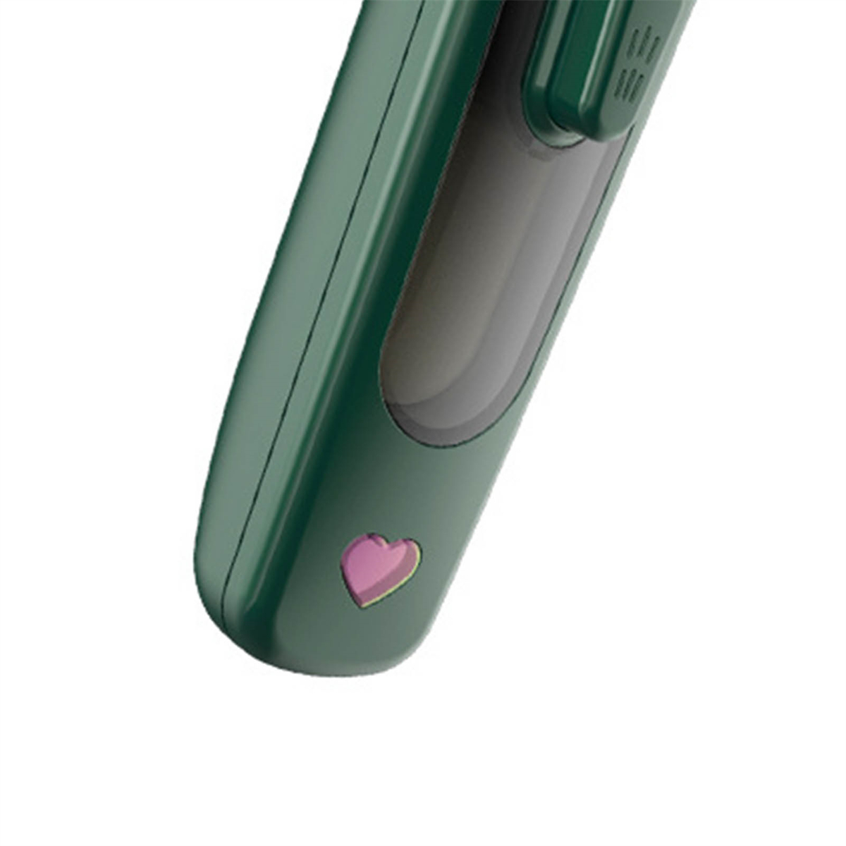 Nahaufnahme eines grünen Objekts mit einem rosa herzförmigen Symbol.