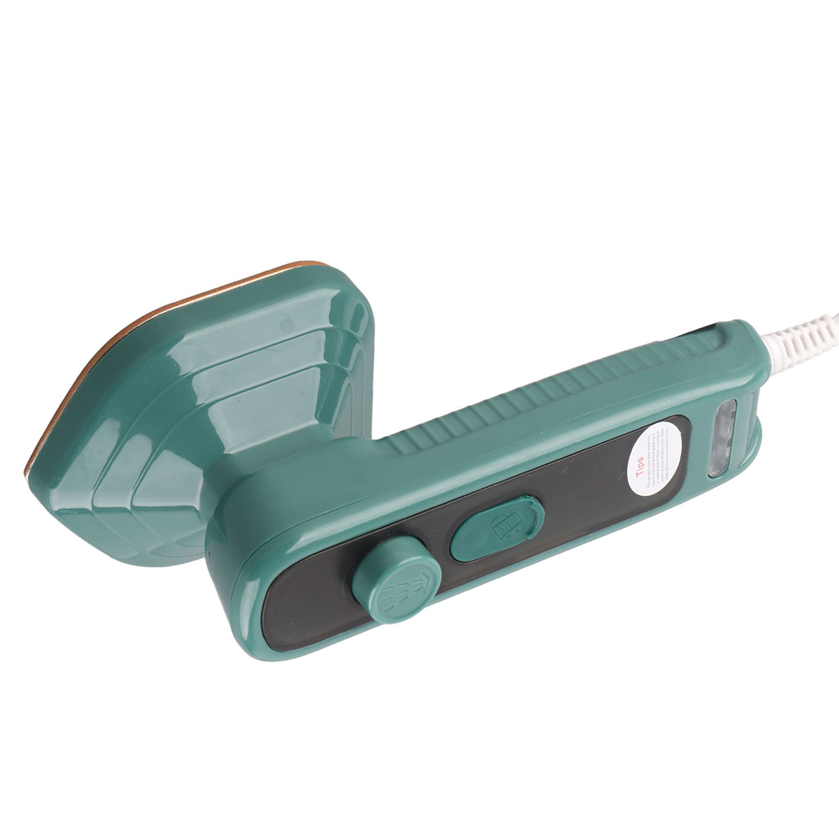 Grünes Mini-Handbügeleisen mit spitzer Spitze und schwarzem Griff.