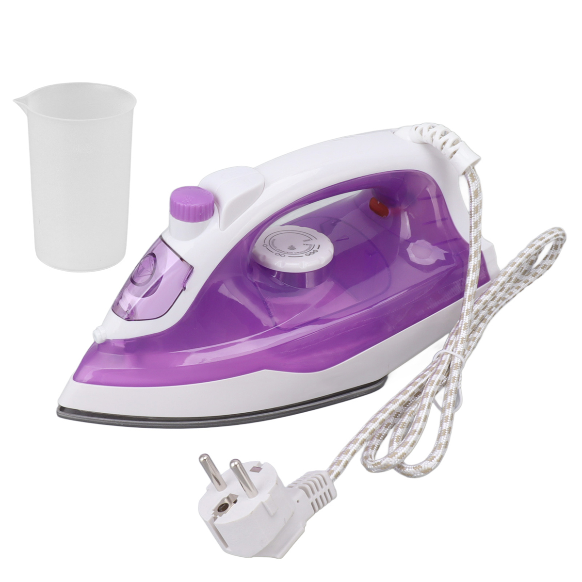 Weißes und lila Bügeleisen mit weißem Kabel und Stecker, neben einem Messbecher.