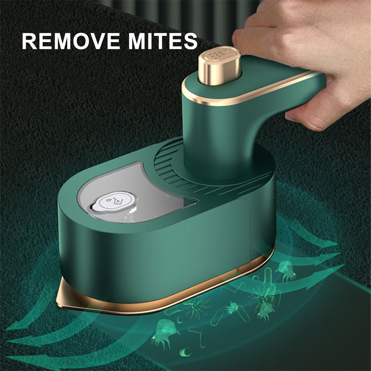 Ein grüner und goldener Handdampfer wird auf einer schwarzen Oberfläche verwendet, Text: 'REMOVE MITES'.