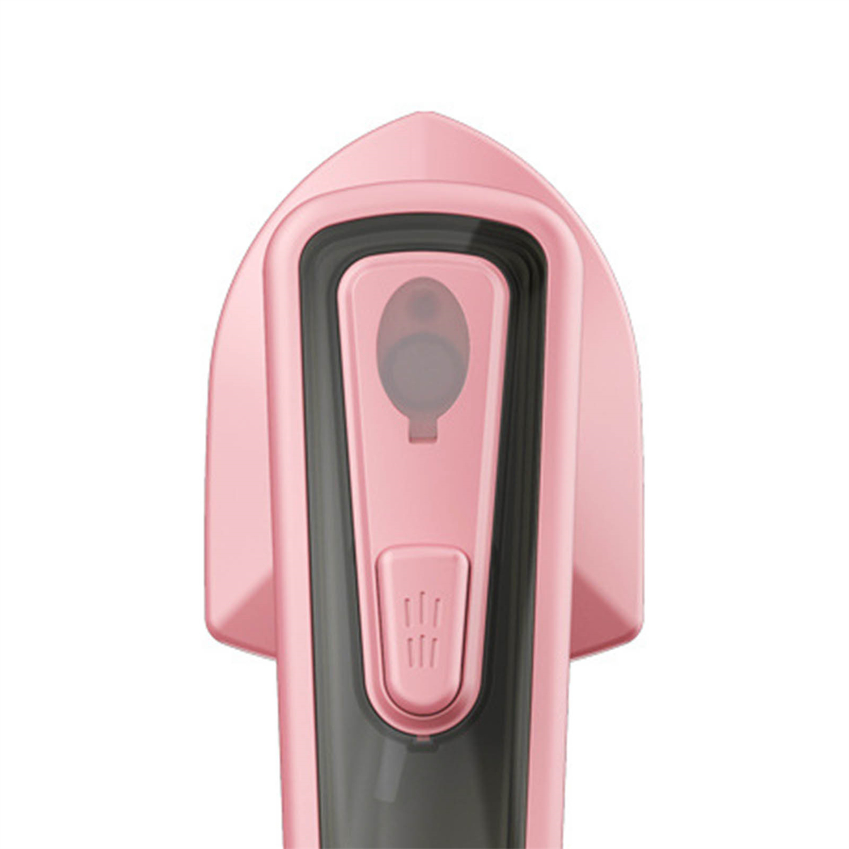 Ein rosa Bügeleisen mit grauem Griff, vor weißem Hintergrund.