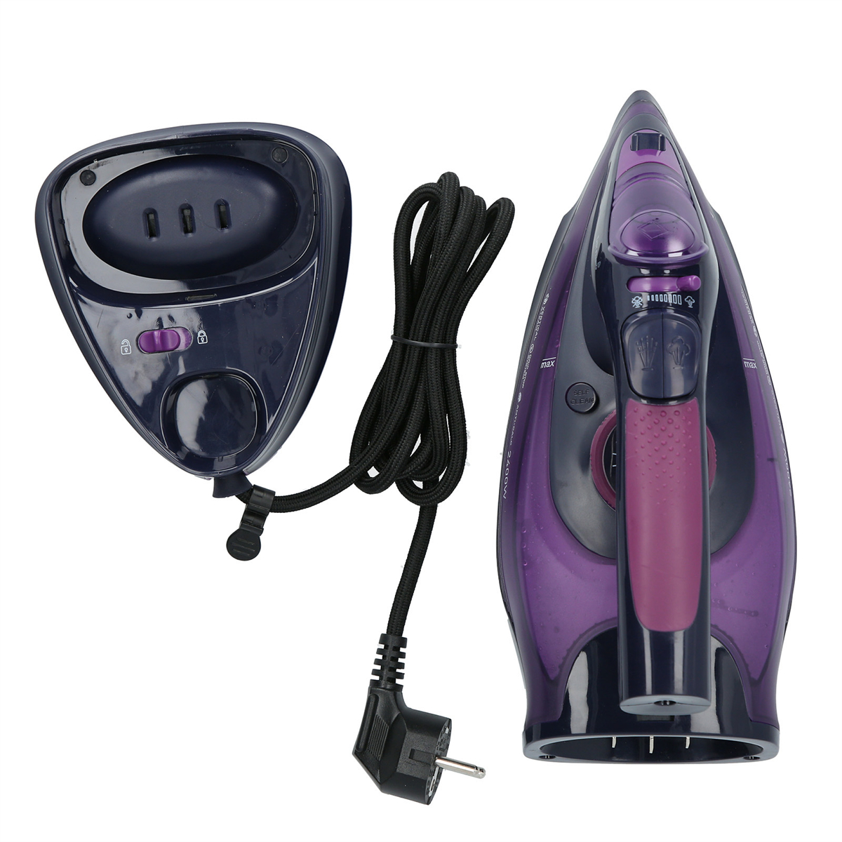 Ein lila Bügeleisen und eine Ladestation mit schwarzem Kabel und Stecker auf weißem Grund.