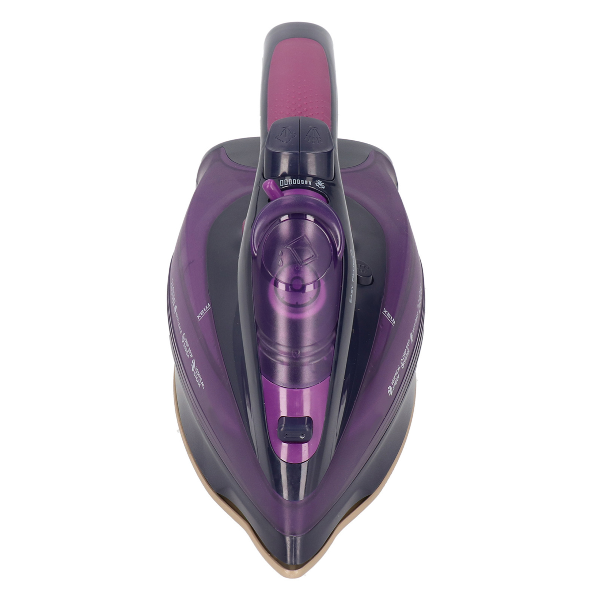 Violettes Bügeleisen, Draufsicht, vor weißem Hintergrund.