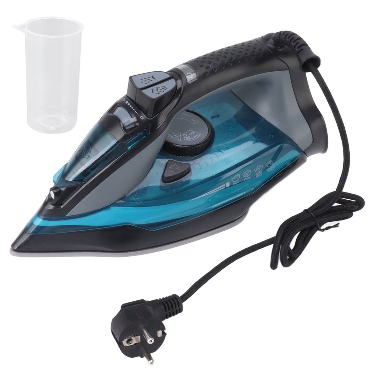 Schwarz-blaues Bügeleisen mit transparentem Wasserbehälter und schwarzem Kabel mit Stecker.