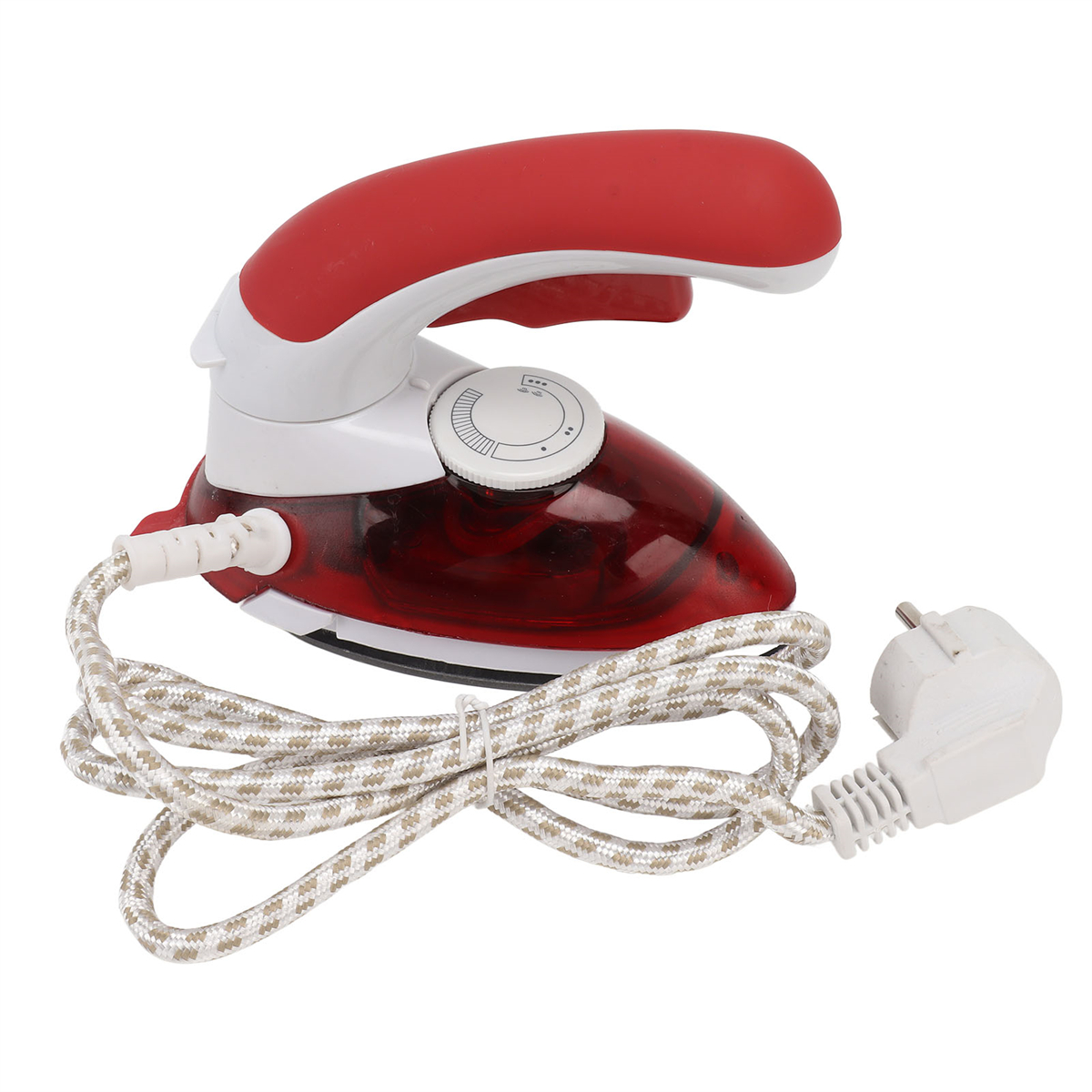 Kleines rotes und weißes Bügeleisen mit Kabel und Stecker.