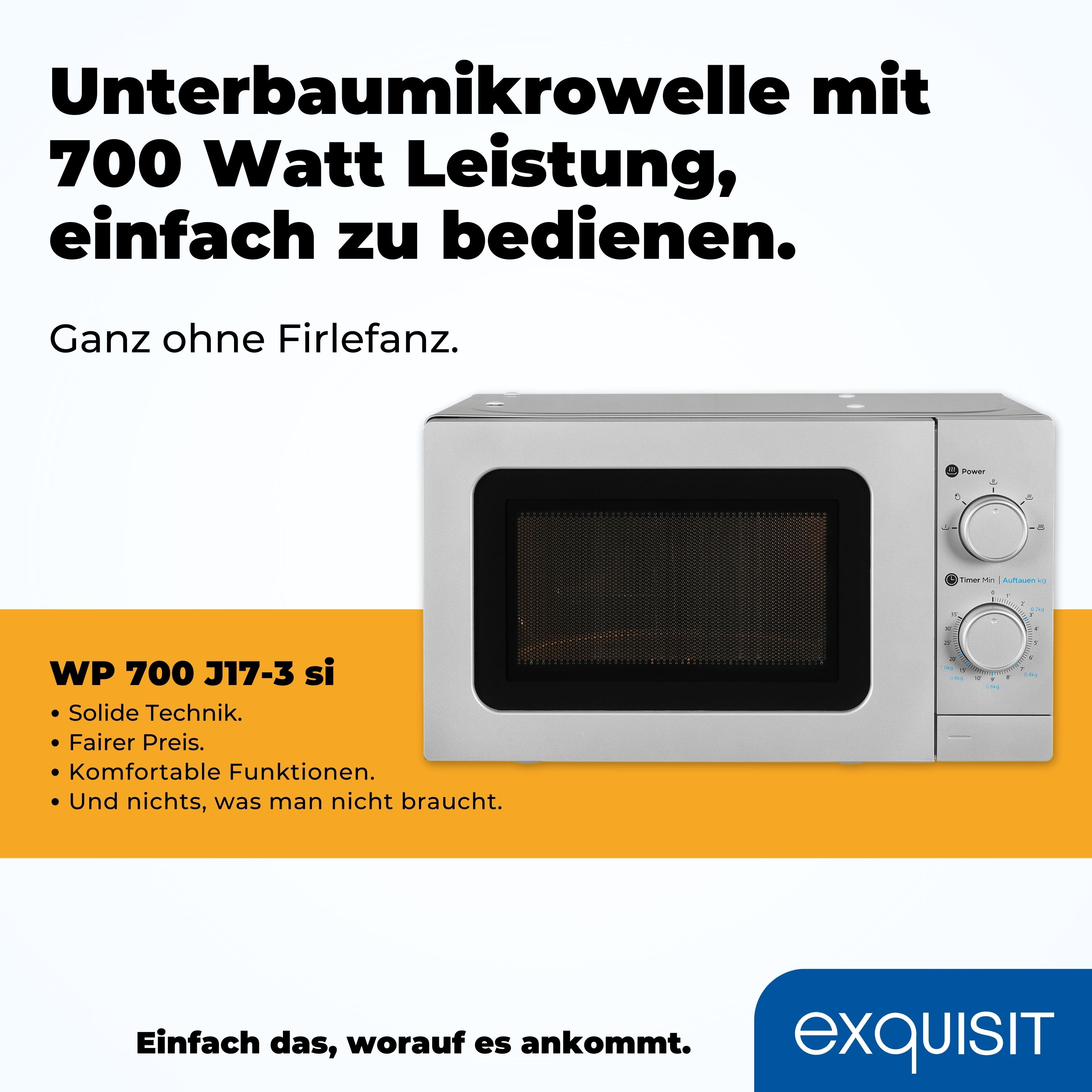 Silberne Mikrowelle auf weißer Oberfläche mit deutschem Text. Der Text handelt von den Merkmalen der Mikrowelle.