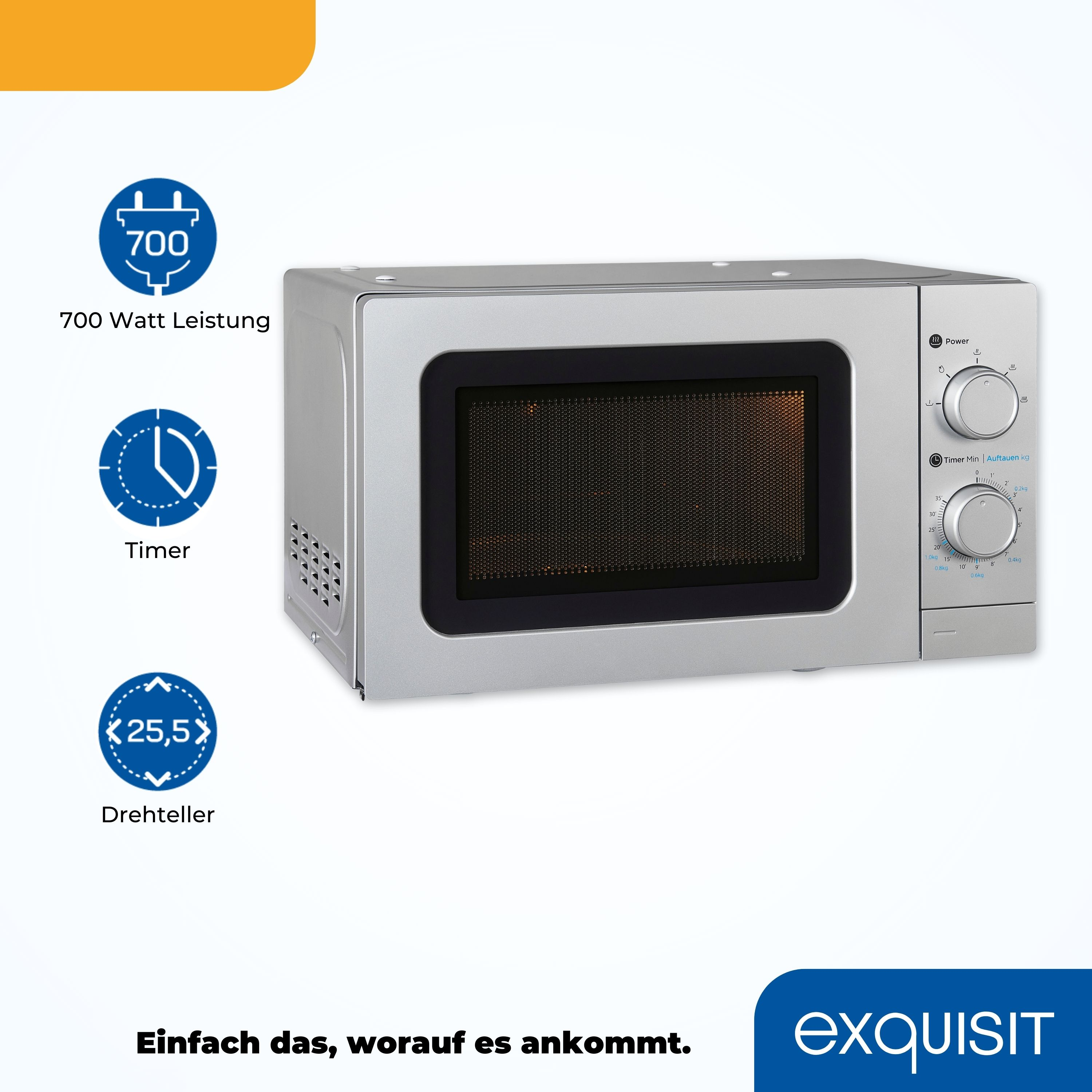 Eine silberne Mikrowelle mit Display, Knöpfen und Textbeschriftungen. Sie hat einen Timer.