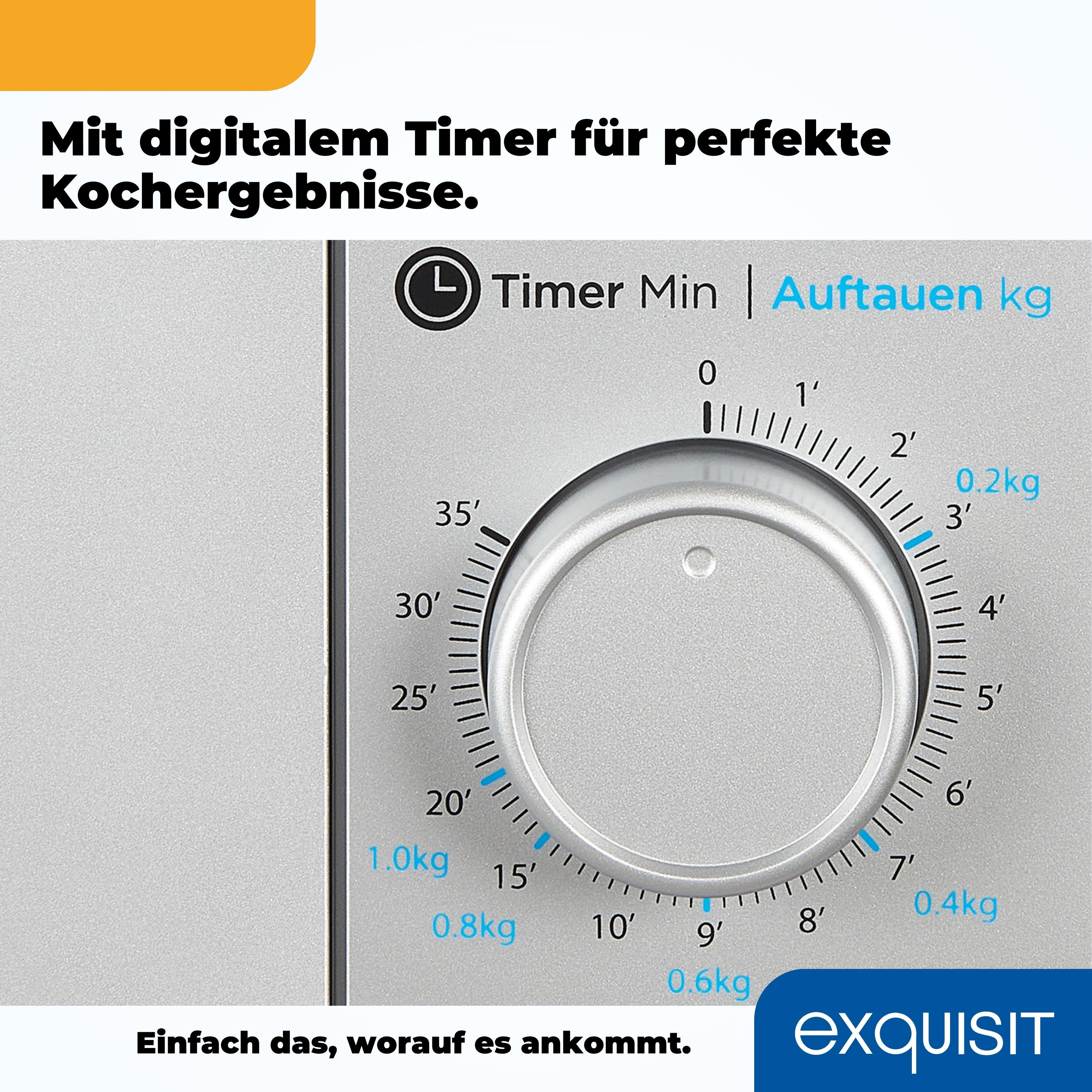 Mikrowellenbedienfeld mit Drehknopf für Zeit und Gewicht. Der Text lautet 'Timer' und 'Auftauen'.
