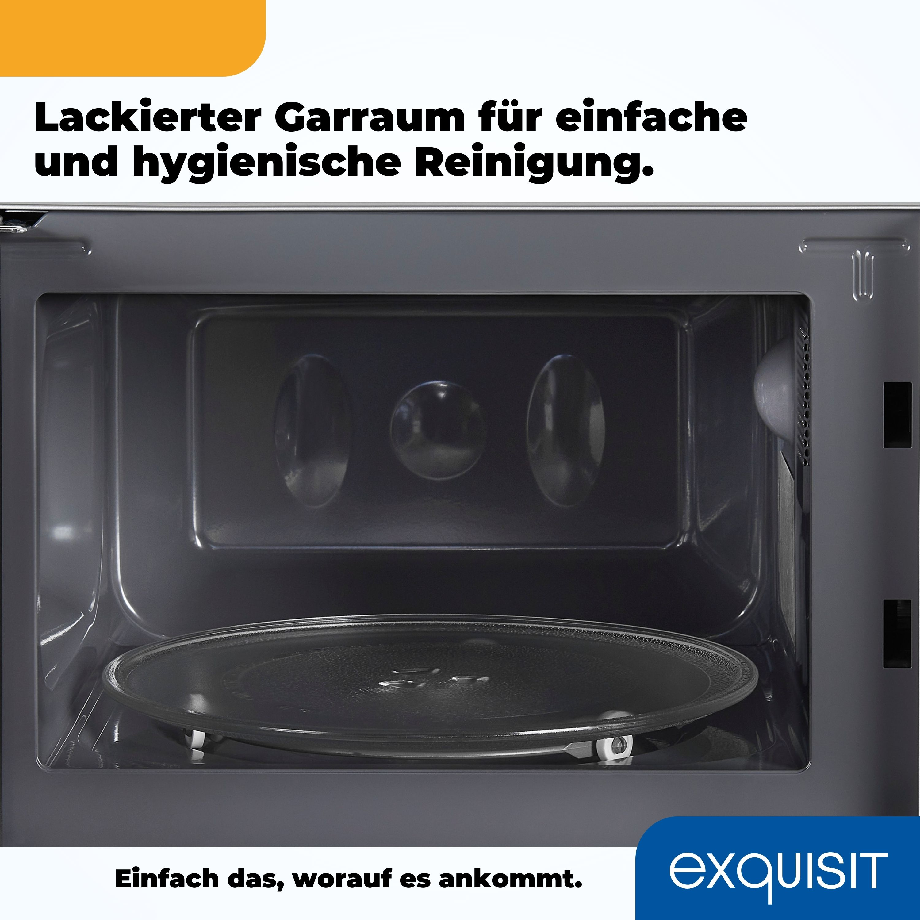 Mikrowelleninnenraum mit Glasplatte, sauber, und Text 'Lackierter Garraum...' und 'exquisit'-Logo.