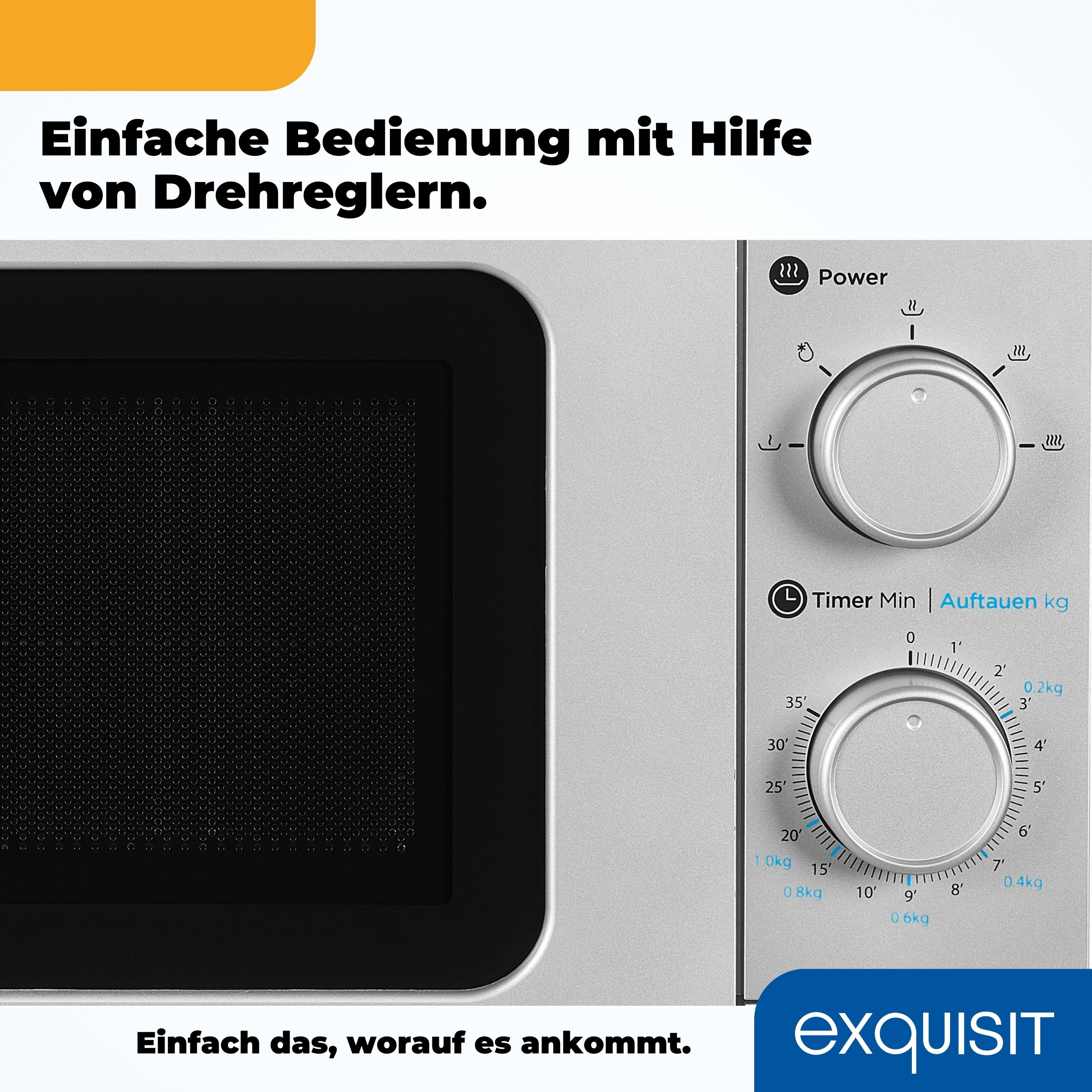 Mikrowelle, Bedienelemente und Text auf Deutsch über die Bedienelemente und die Marke.