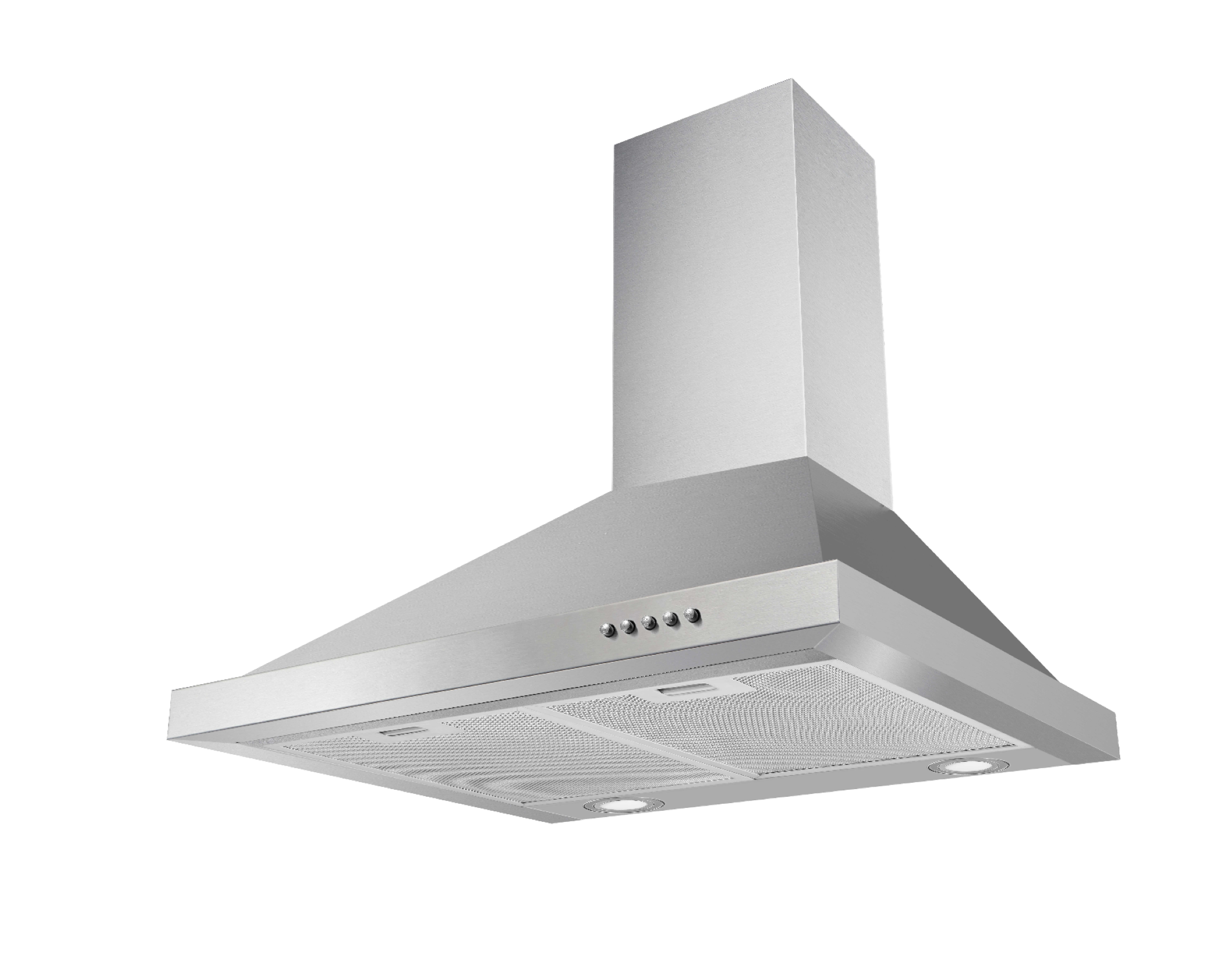 Stainless steel range hood, angled view, isolated on a white background, with lights and a grid.