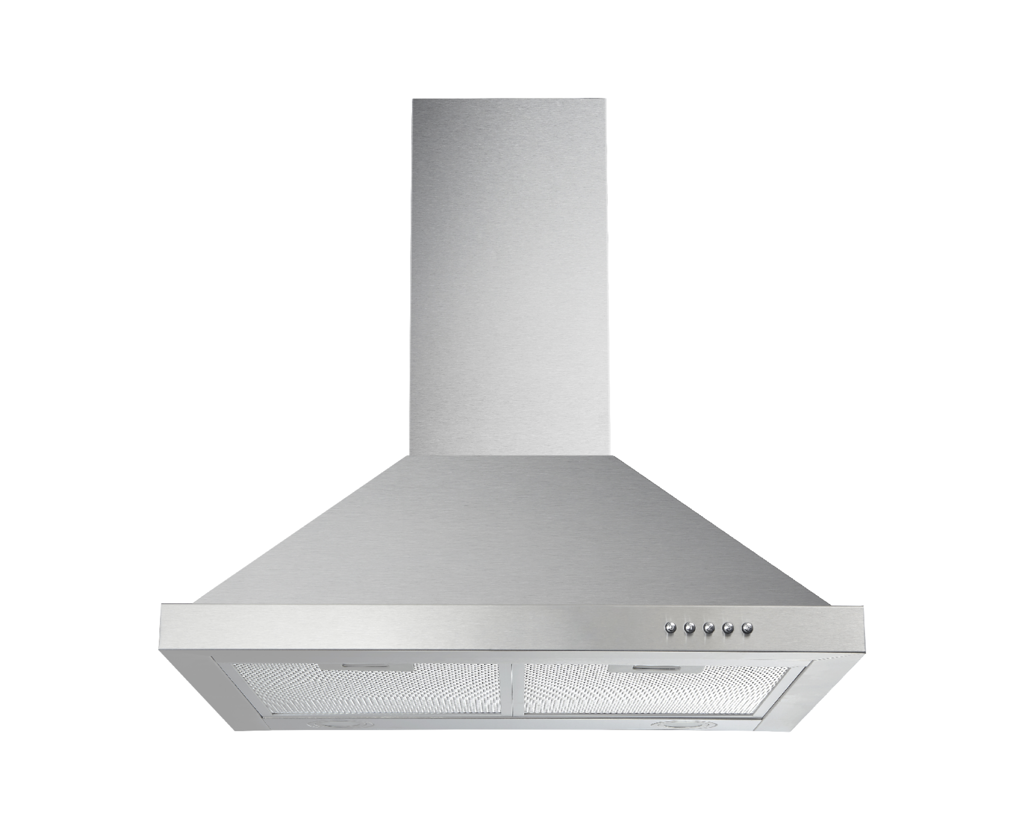 Stainless steel range hood. It has a rectangular shape with buttons, and a mesh filter below.