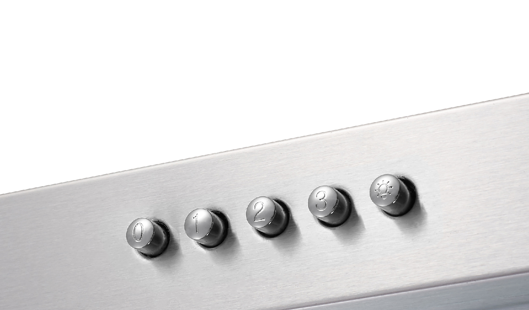 Stainless steel range hood control panel. Five buttons. Numbers 0, 1, 2, 3, and light symbol are visible.