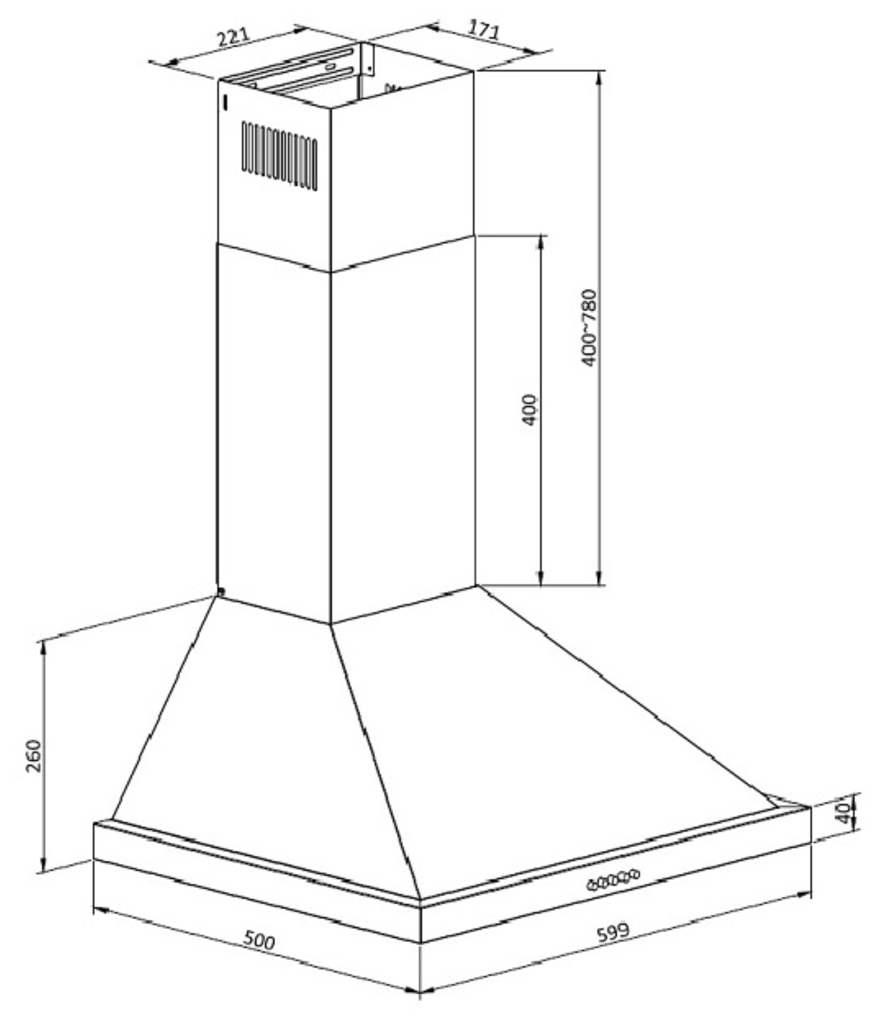 A technical drawing of a kitchen hood showing dimensions, in a white background.