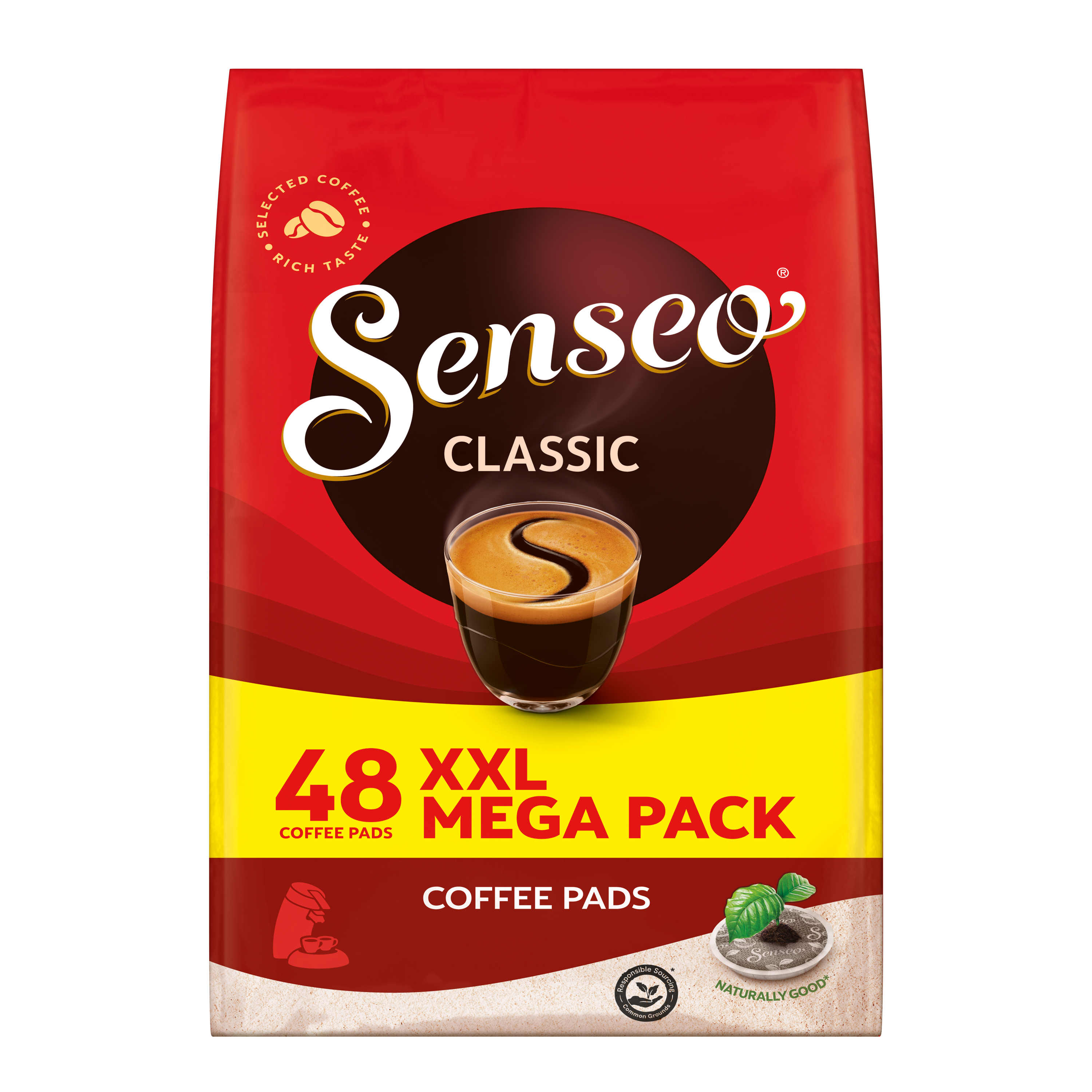 Kaffeepad-Packung mit Text: Senseo Classic, 48 XXL Mega Pack. Rote, gelbe und weiße Farben.