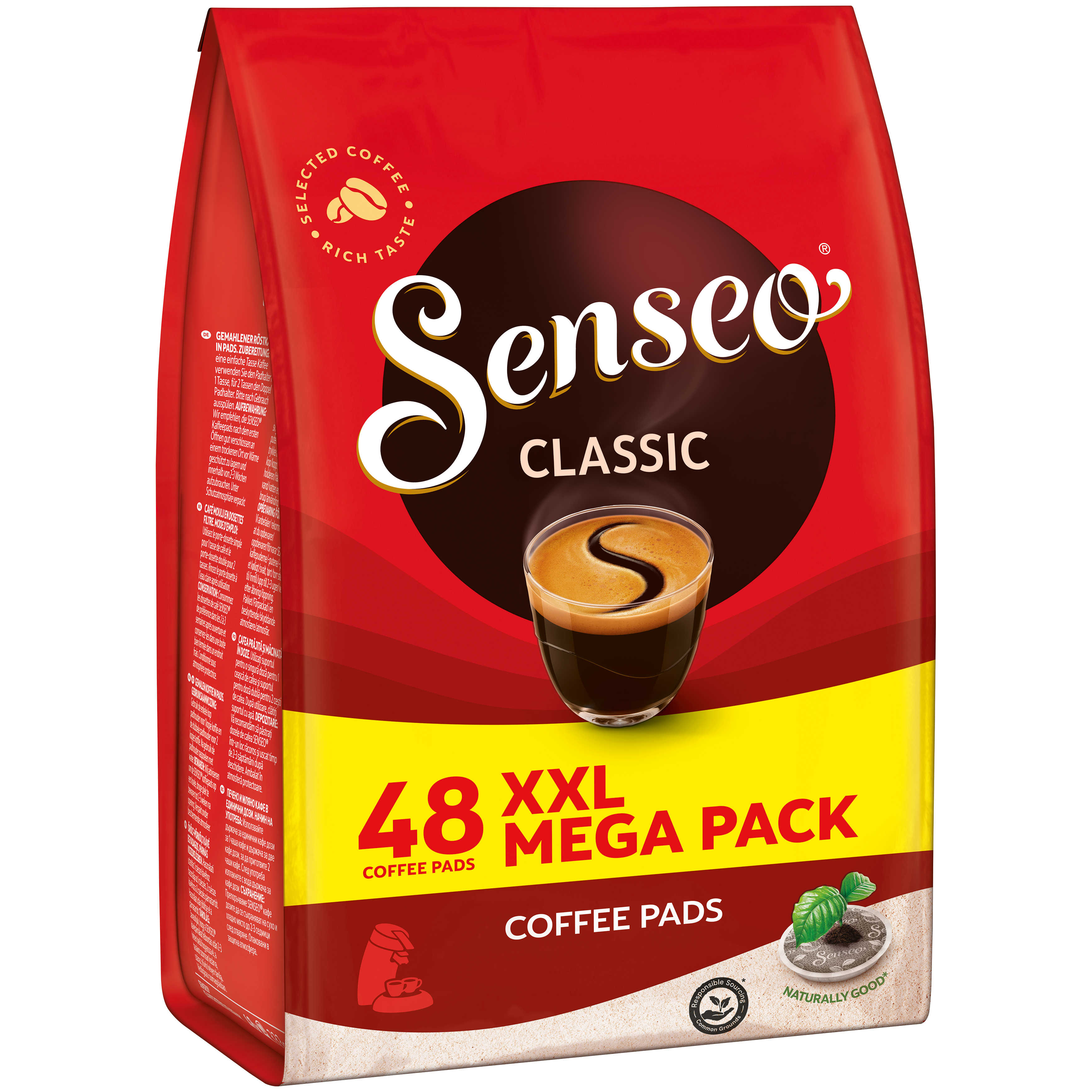 Rote Tüte Senseo Kaffeepads, mit Kaffee und Text.