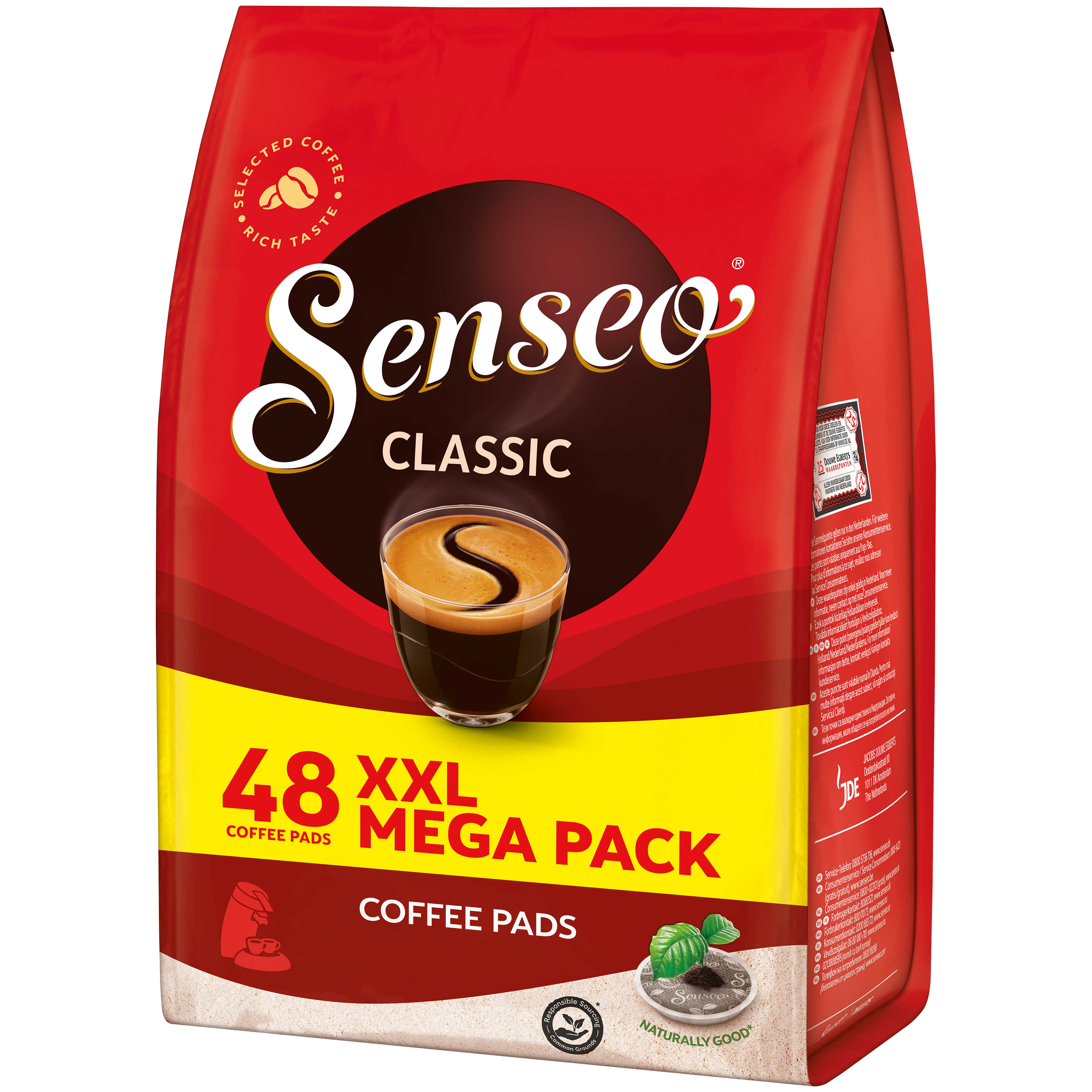 Eine rot-gelbe Senseo-Kaffeepad-Verpackung mit einem Kaffeetassenbild. Es steht 48 XXL Mega Pack.