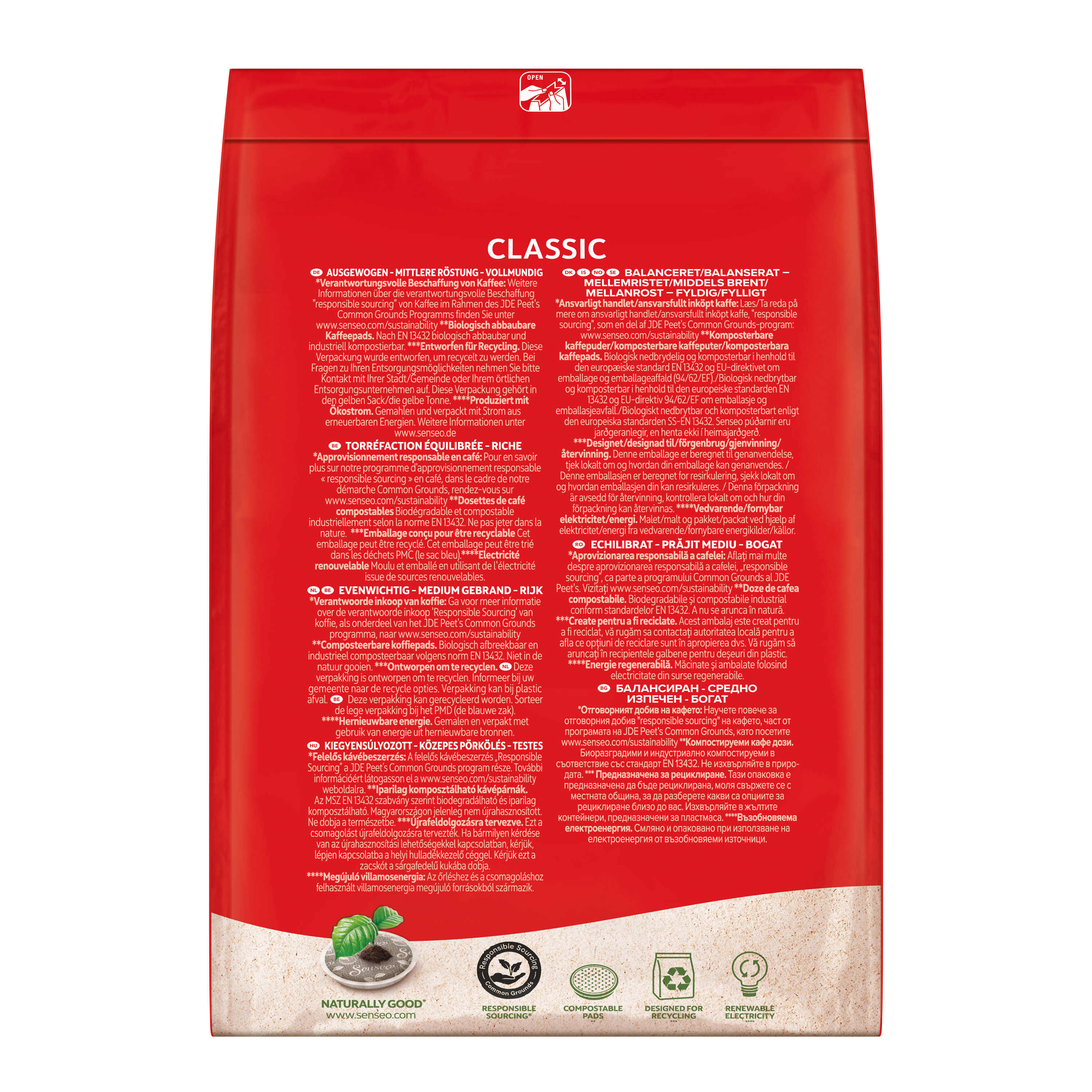 Rote Verpackung von Kaffee, mit Text in verschiedenen Sprachen. Enthält Logos für verantwortungsvolle Beschaffung und erneuerbare Energien.